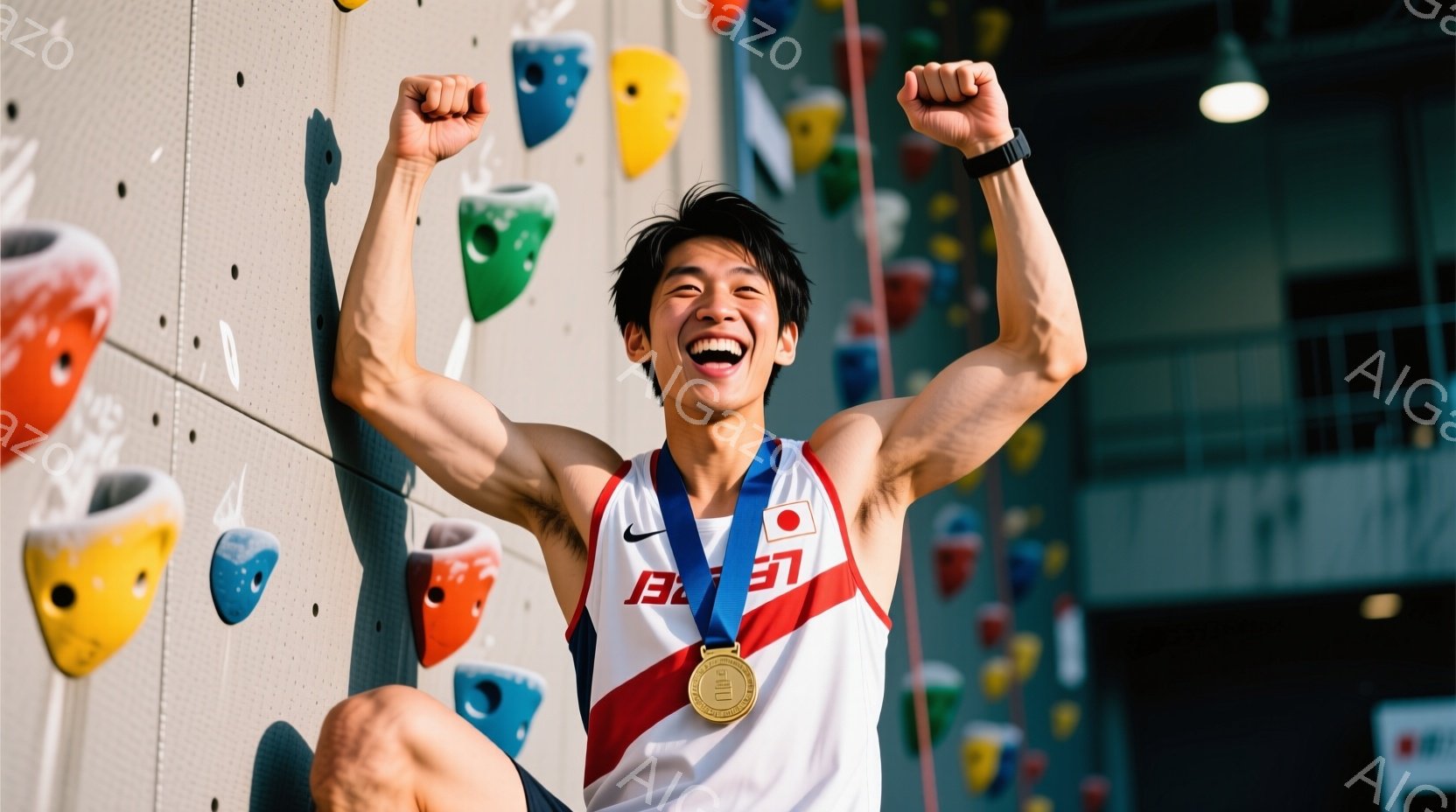 競技者は、赤と白のタンクトップと黒のショーツ姿で、金色のメダルを首にかけている。彼は両腕を高く上げ、満面の笑みを浮かべている。背景には、カラフルなクライミングホールドが並んだ壁があり、競技場のような室 - AI生成フリー素材