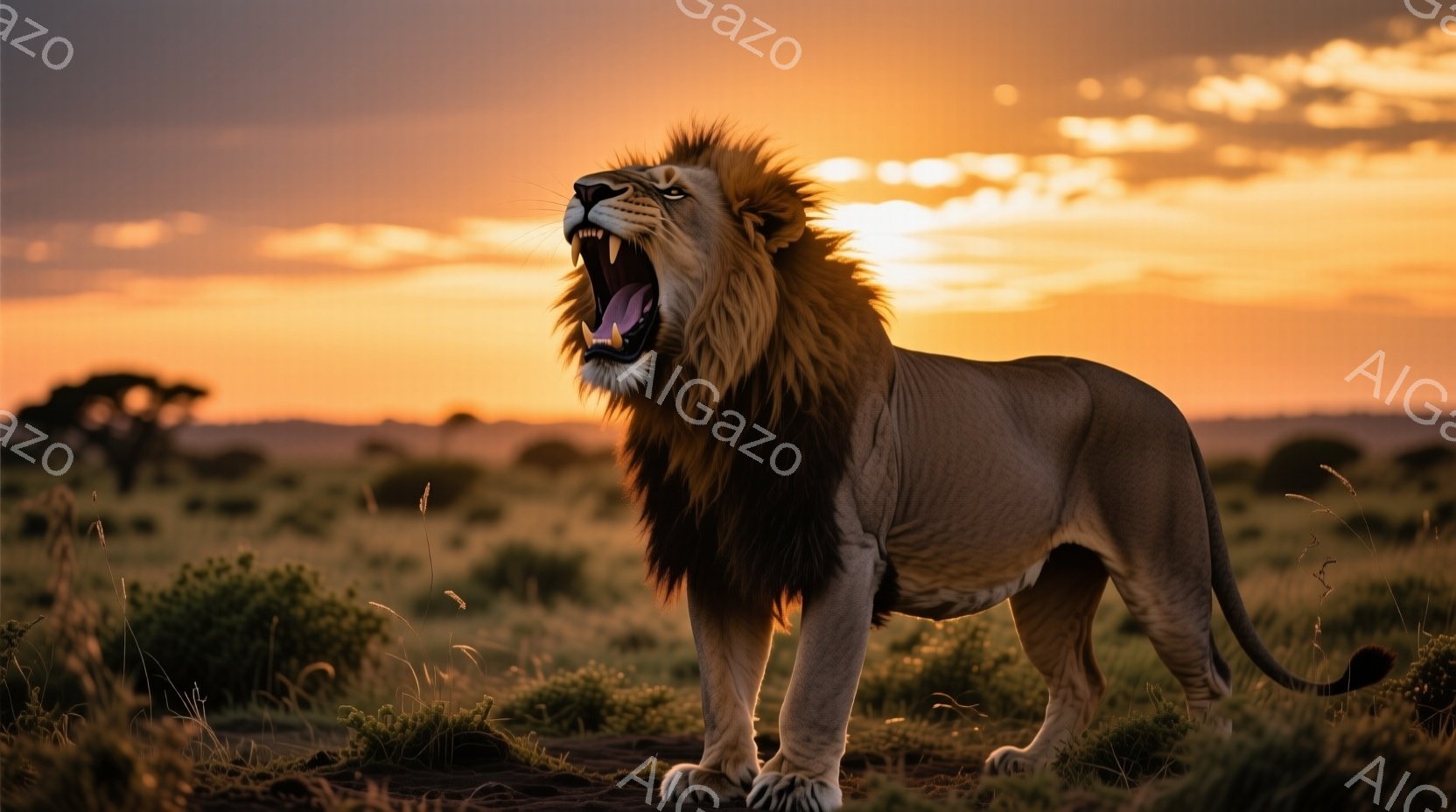 広大なサバンナで、立派なたてがみが特徴の雄ライオンが口を開けて咆哮している。背景は夕焼けでオレンジと赤色が鮮やかで、遠くには木々や草が生い茂る風景が広がっている。ライオンは力強く堂々とした姿勢で、野生の力強さと威厳を感じさせる。