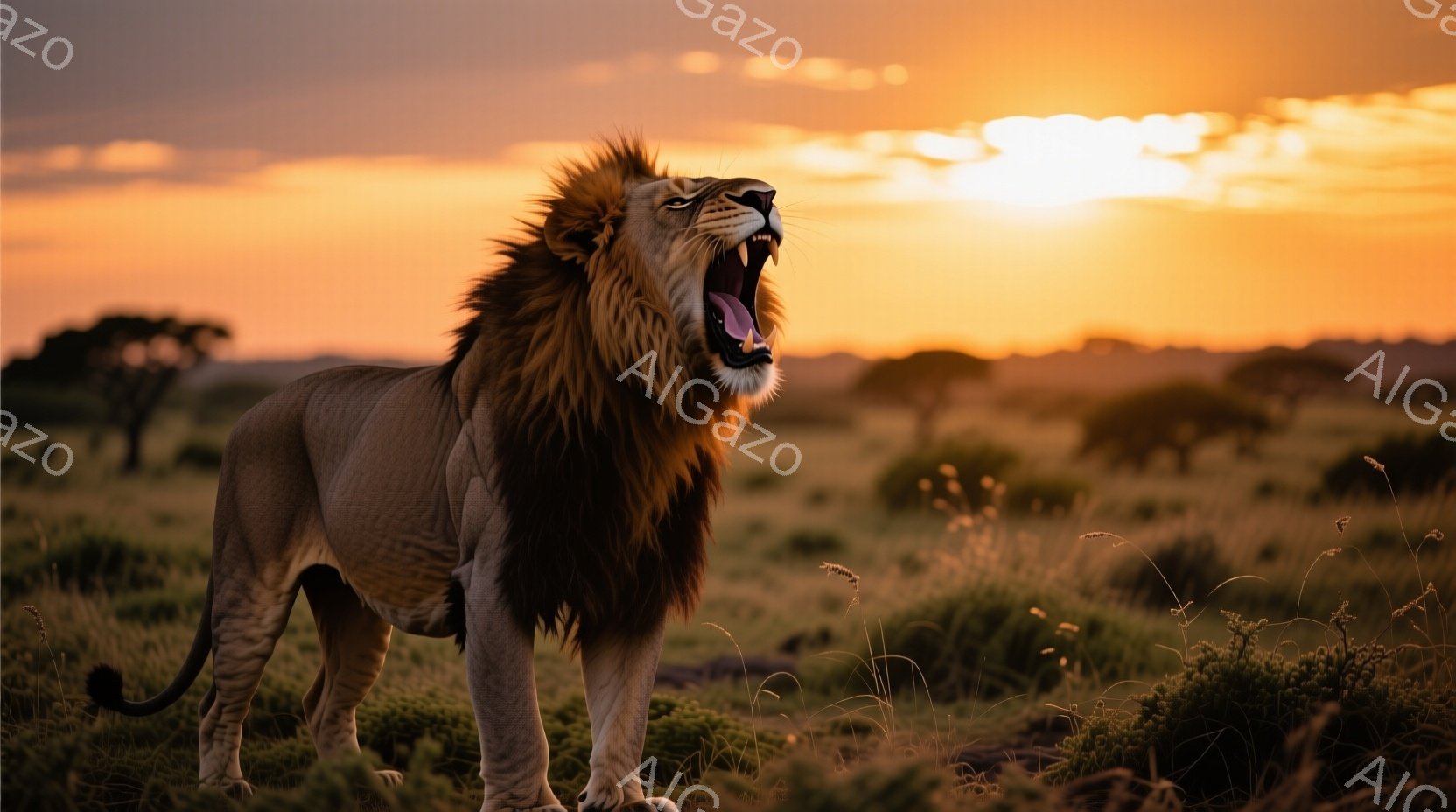 広大なサバンナに、たてがみが豊かな雄ライオンが口を開けて咆哮している。背景には、夕焼けに照らされた低い木々や草が生い茂る草原が広がり、暖かくドラマチックな雰囲気を醸し出している。ライオンの力強い姿勢と夕焼けの色彩が相まって、野生の力強さと自然の美しさが強調されている。