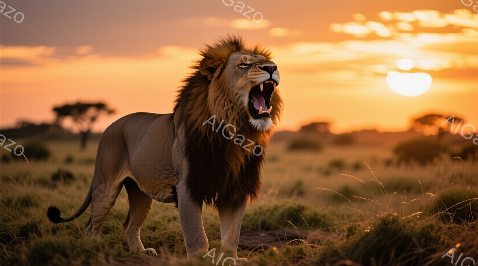 広大なサバンナに、たてがみが豊かな雄ライオンが咆哮している姿が捉えられています。夕焼けのオレンジ色と黄色が空一面に広がり、ライオンのシルエットを強調しています。サバンナの草はライオンの足元でそよぎ、遠 - AI生成フリー素材