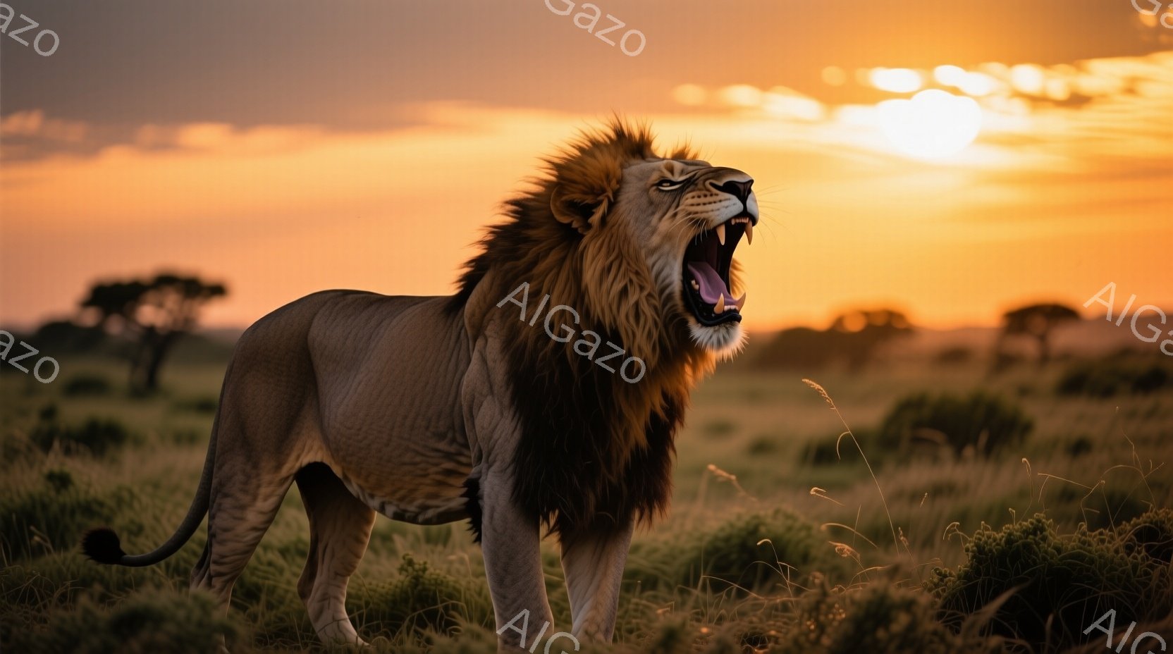 広大なサバンナに立つ雄ライオンが、口を大きく開けて咆哮している様子が捉えられている。夕焼けのオレンジ色の空と、ライオンの毛並み、そして草原の緑が鮮やかに映し出され、力強く、野生的な雰囲気を醸し出してい - AI生成フリー素材