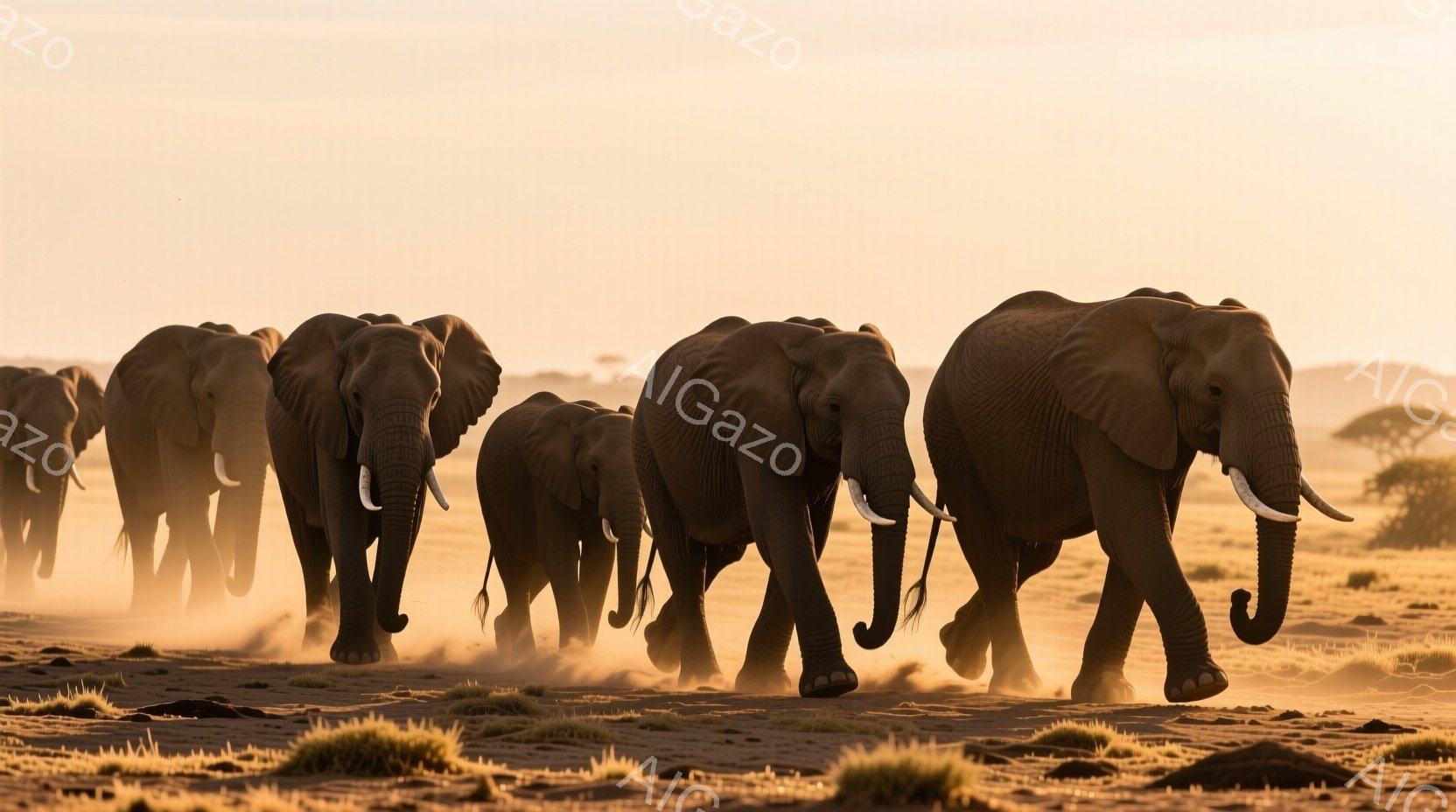 サバンナを歩く象の群れが写っている。彼らは埃っぽい地面を力強く歩み、夕焼けのような暖かい光に照らされている。背景にはまばらな草が生い茂り、遠くには低い木々が見える。