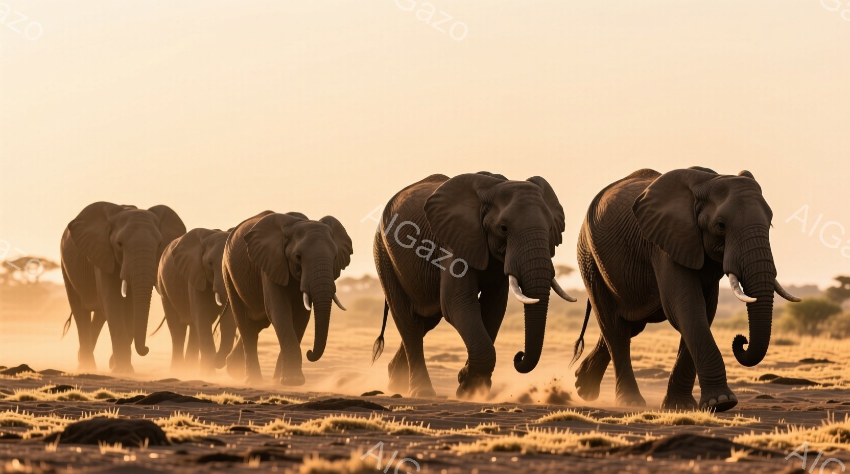 砂漠のような平原を、アフリカゾウの家族が隊列をなして歩いている様子が捉えられています。夕焼けのオレンジ色の光が、埃を巻き上げながら進むゾウたちを照らし、力強く、そして荘厳な雰囲気を醸し出しています。背景は地平線まで広がる乾燥した平原で、自然の雄大さを感じさせます。
