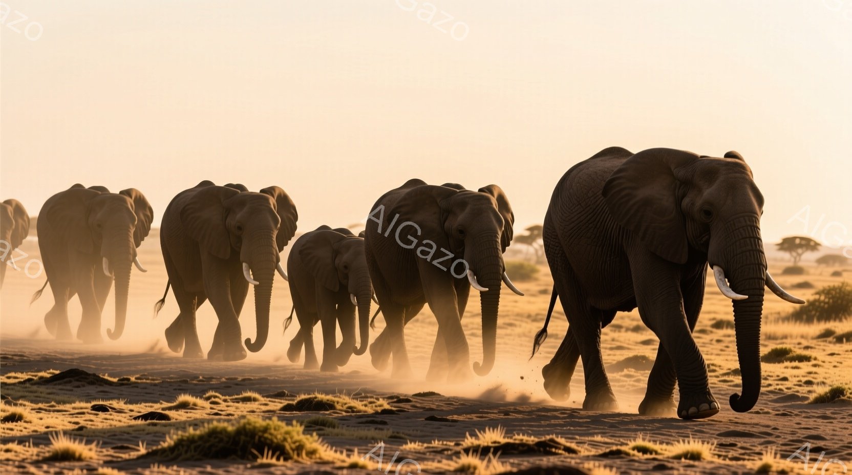 広大なサバンナをアフリカゾウの群れが歩いている様子が捉えられています。夕暮れ時で、地面はオレンジ色に染まり、埃が舞い上がってドラマチックな雰囲気を醸し出しています。ゾウたちは一列に並び、力強く大地を歩む姿は、野生の力強さと生命力を感じさせます。