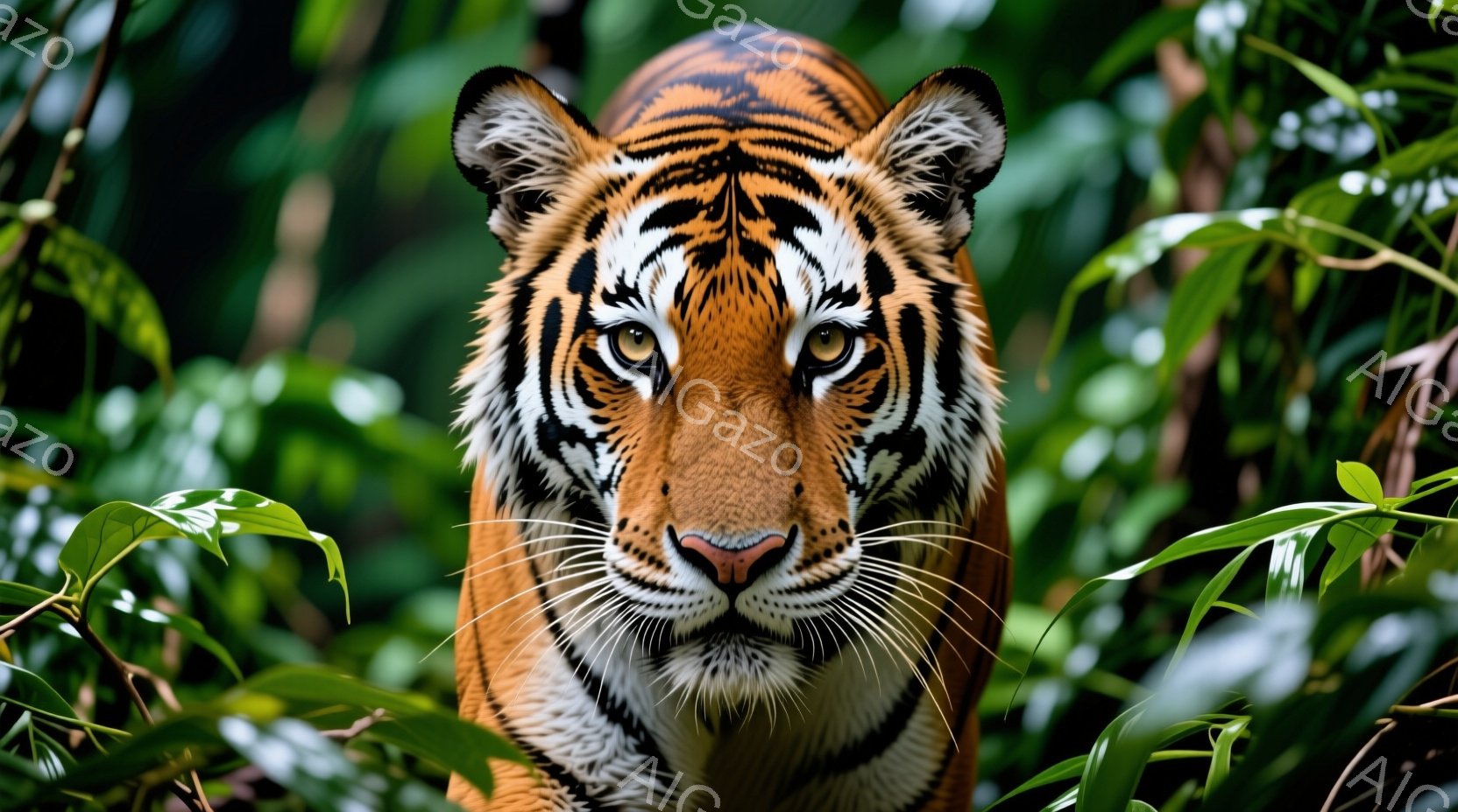 鮮やかな緑の葉に囲まれた、表情を捉えたトラの顔が大きく占める写真です。琥珀色の瞳は鋭く、獲物を捉えるかのように見つめ、力強い鼻と白いひげが印象的です。背景は鬱蒼とした緑で覆われ、自然の息吹を感じさせる - AI生成フリー素材