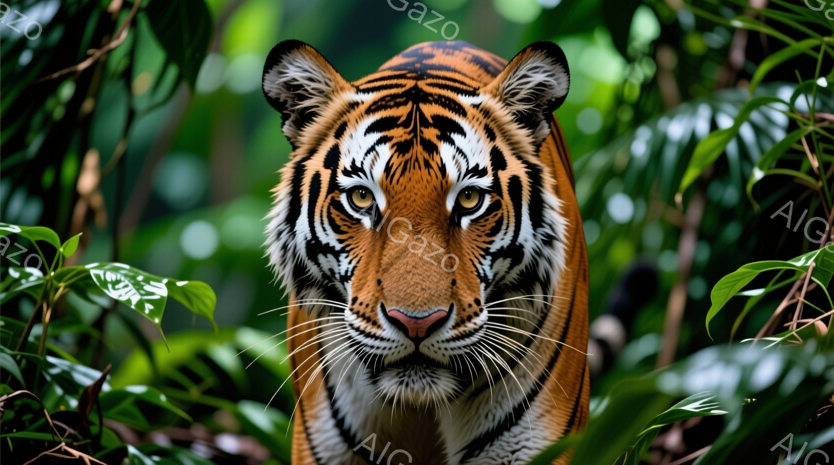 鮮やかな緑の葉に囲まれた虎の顔がクローズアップで捉えられています。鋭い眼光と特徴的な縞模様が際立ち、力強く威厳のある表情をしています。背景の緑葉が、虎のオレンジと黒のコントラストを強調し、自然の奥深さ - AI生成フリー素材