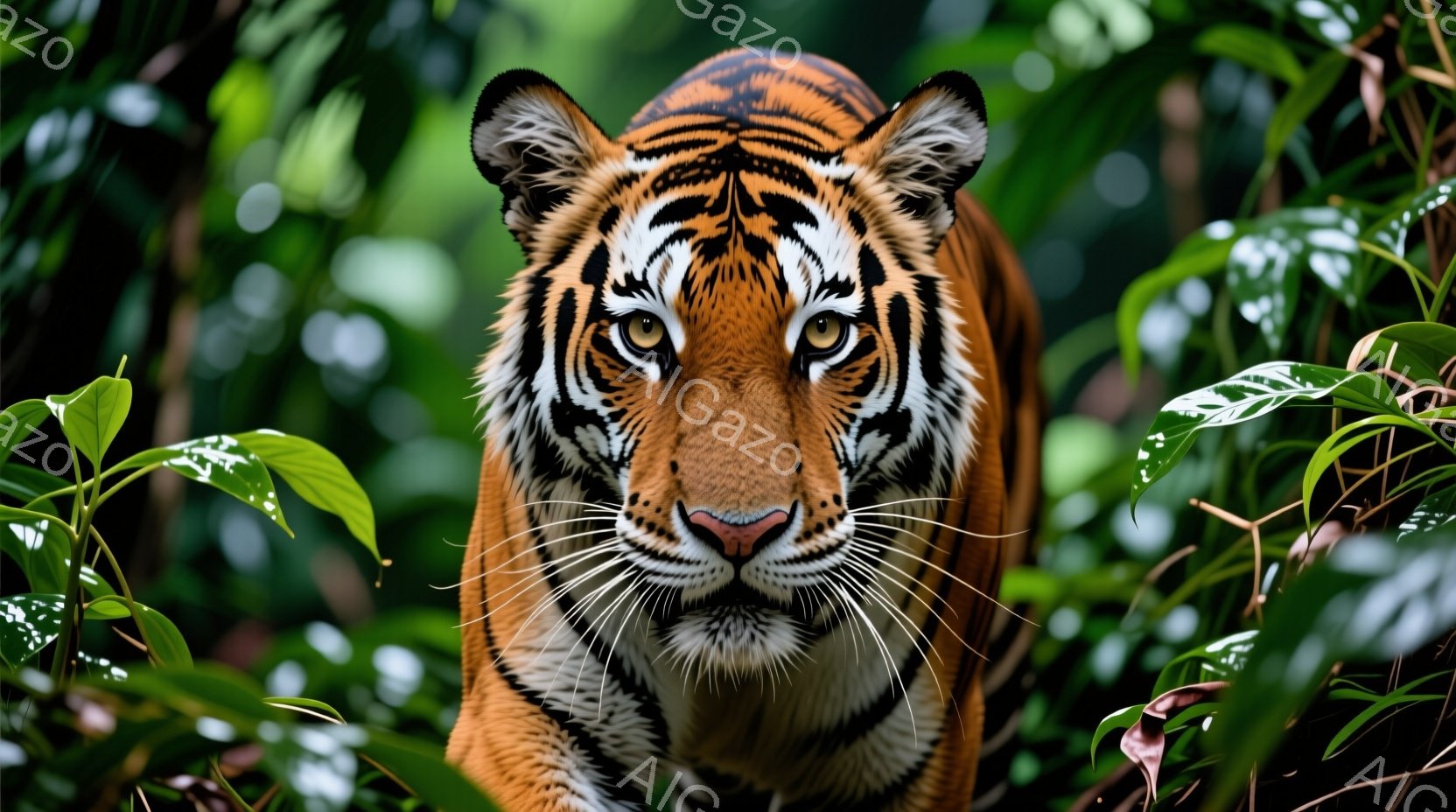 鮮やかな緑の葉に囲まれた、正面をまっすぐ見つめるトラの顔が印象的な画像です。その顔はオレンジと黒の縞模様で覆われ、鋭い眼光と白いヒゲが特徴的です。背景は深い緑色の植物で、自然の中で力強く生きるトラの存 - AI生成フリー素材