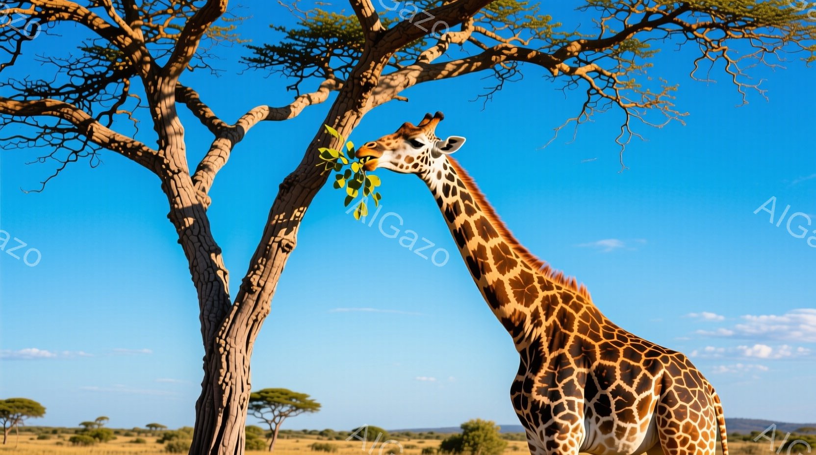 広大なサバンナの中にそびえ立つキリンが、木の葉を美味しそうに食べている様子が描かれています。キリンの茶色と白の模様が特徴的で、青空とのコントラストが美しいです。背景には他の木々や草地が広がり、穏やかで - AI生成フリー素材