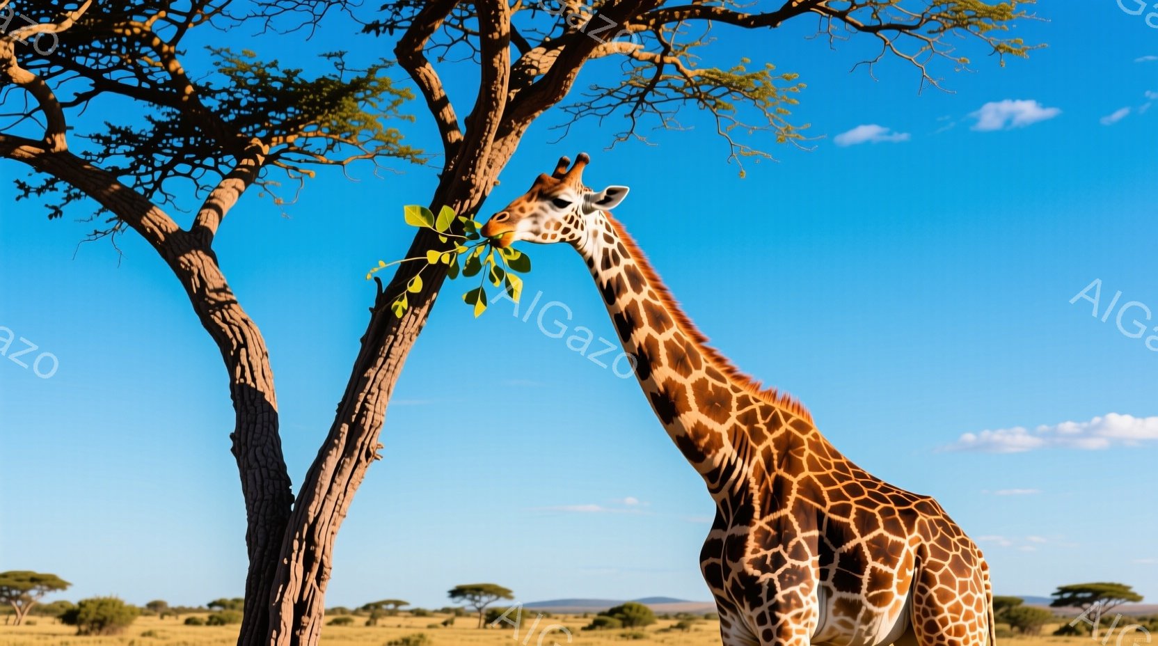 広大なサバンナにキリンが一頭、木の上の方の葉を食べている様子が写っている。空は澄んだ青色で、白い雲が点在し、背景には他の木々や遠くの丘が見える。キリンの模様は鮮やかで、その姿勢は優雅かつ自然であり、平 - AI生成フリー素材
