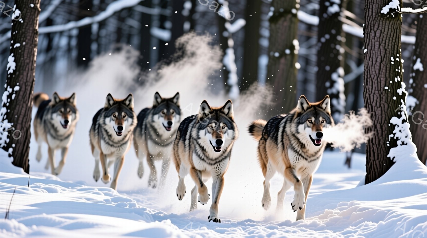 雪に覆われた森の中を、五匹の狼が勢いよく駆けている。彼らは皆、凛々しい表情で前方をまっすぐ見つめ、雪煙を巻き上げながら力強く進んでいる。背景にはうっそうとした木々が立ち並び、冷たく静謐な冬の雰囲気が漂 - AI生成フリー素材