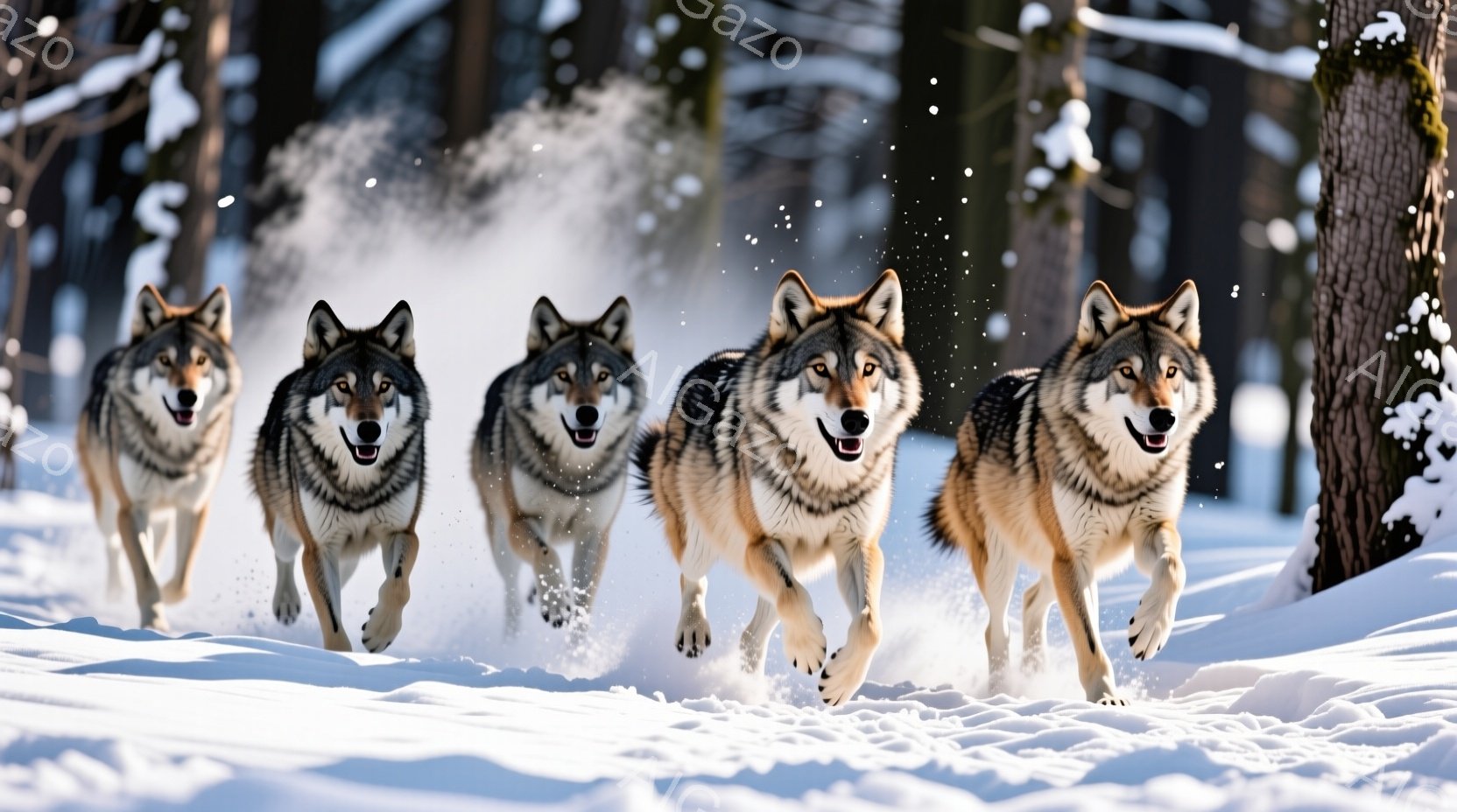 雪の中を勢いよく走るオオカミが５頭描かれています。オオカミたちは皆、口を開けて興奮した表情で、雪煙を巻き上げながら前進しています。背景は雪に覆われた森林で、木々が立ち並び、冬の冷たい空気感を醸し出して - AI生成フリー素材