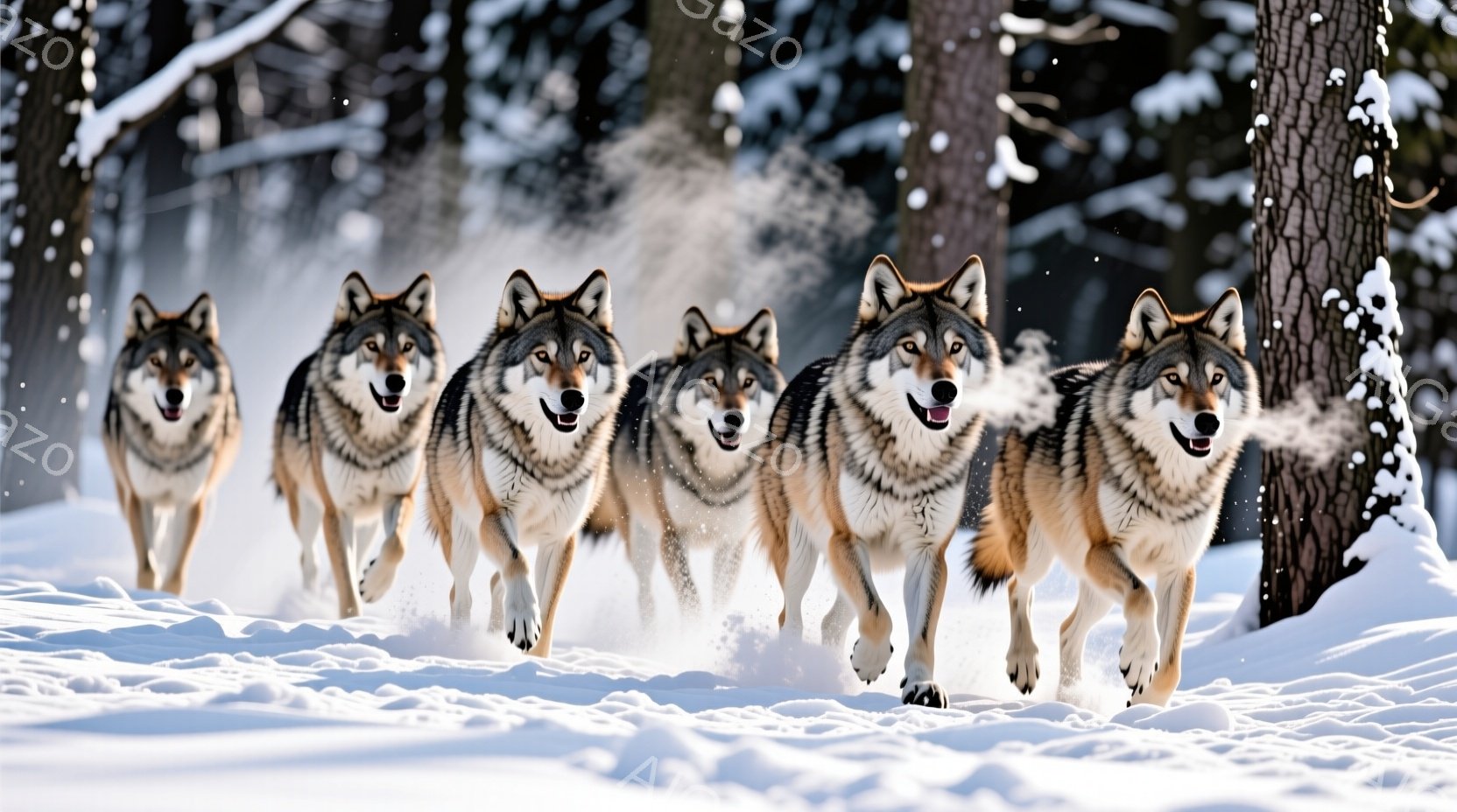 雪景色の中、5匹のオオカミが隊列を組んで疾走している。彼らは毛並みの美しいグレーと茶色の毛皮を持ち、口を開けて息を吐き、活気に満ちた表情を見せている。背景には雪に覆われた木々が立ち並び、冷たく厳しい冬 - AI生成フリー素材
