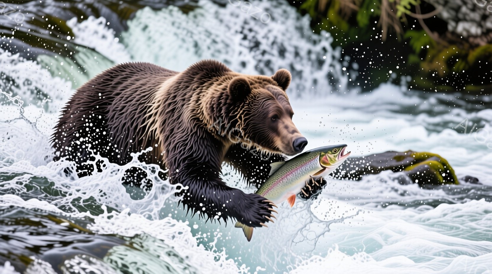 灰色の毛並みを持つ大きなクマが、獲物の鮭を口にくわえて、激しい流れの川の中で躍動している様子が捉えられています。水しぶきが飛び散り、周囲の緑豊かな植物とのコントラストが、力強く自然な雰囲気を醸し出して - AI生成フリー素材