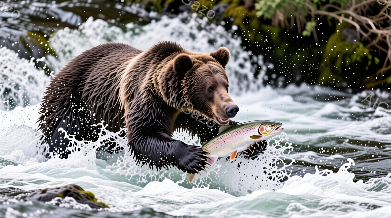 濃い茶色のクマが水しぶきを上げながら、虹色のマスを咥えて力強く跳ねています。背景は岩と緑豊かな自然に覆われ、急流の水の流れがダイナミックな動きを強調しています。 全体として、野生の力強さと自然の美しさを捉えた、活気に満ちた印象的な光景です。
