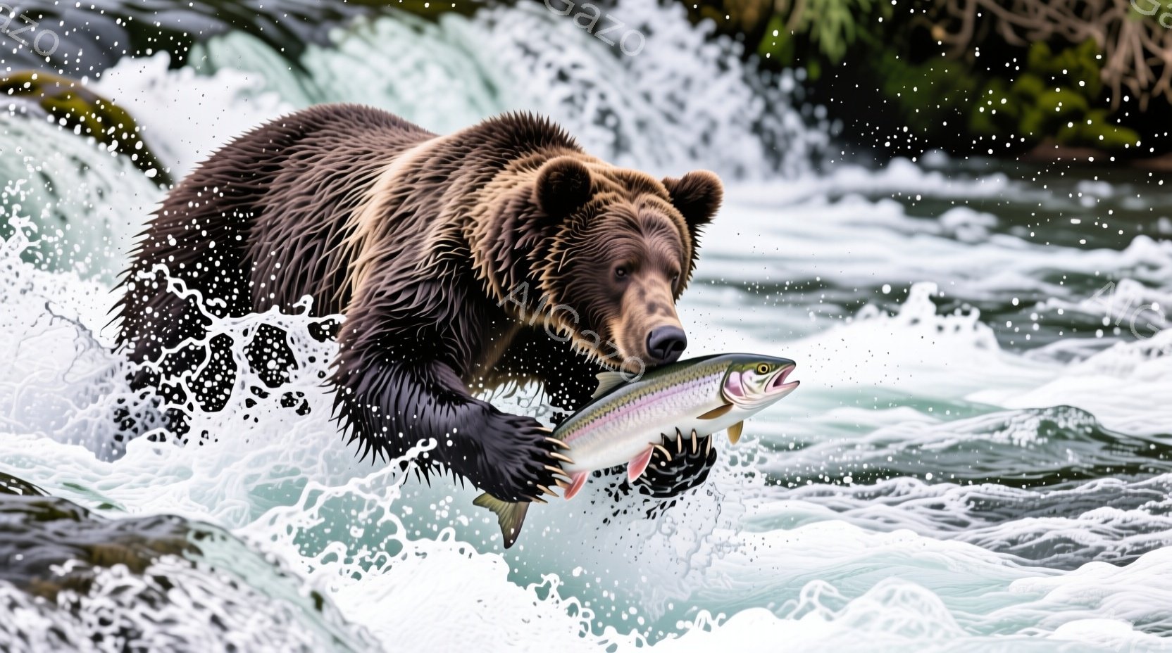 強力なクマが川から飛び出し、口に大きな鮭をくわえています。水しぶきが飛び散り、背景には緑豊かな自然と白い水流が見られます。クマの毛並みは艶やかで、獲物を捕らえた力強い姿が印象的です。