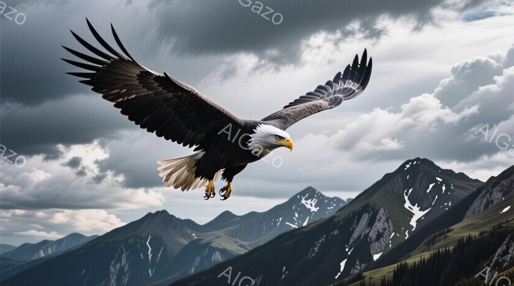 雄大な山並みを背景に、翼を大きく広げた白ハゲワシが空を飛んでいる。山の斜面には緑の森林が広がり、頂上には雪が残っている。重厚な雲が空を覆い、力強く、荒々しい自然の雰囲気を感じさせる。