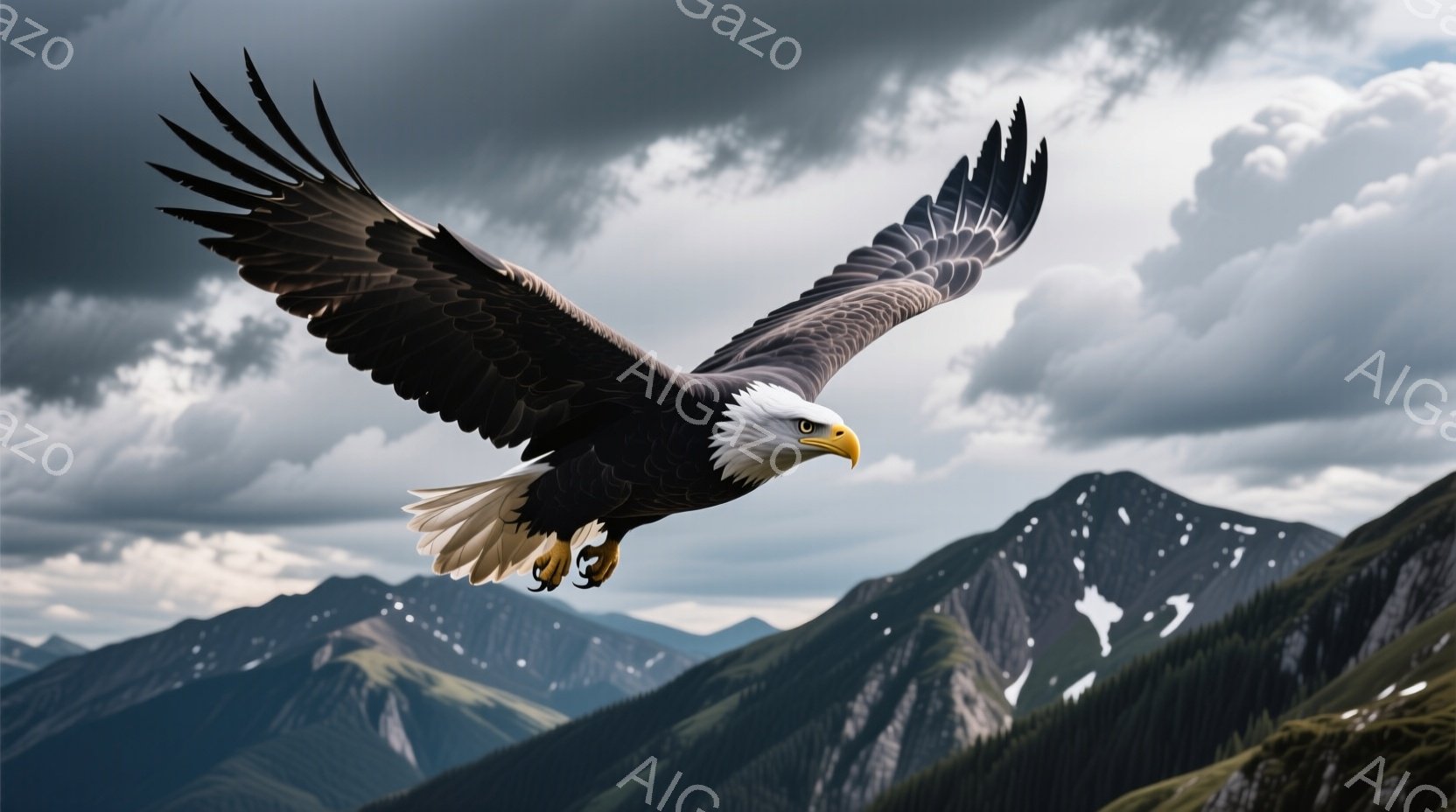 白頭鷲が翼を広げ、山々の上空を力強く舞っている。背景には雪を抱いた険しい山並みが広がり、重厚な雲が空を覆っている。鷲の鋭い眼差しと翼の広がりは、自由と力強さを象徴し、雄大な自然の中で生きる姿を表現している。