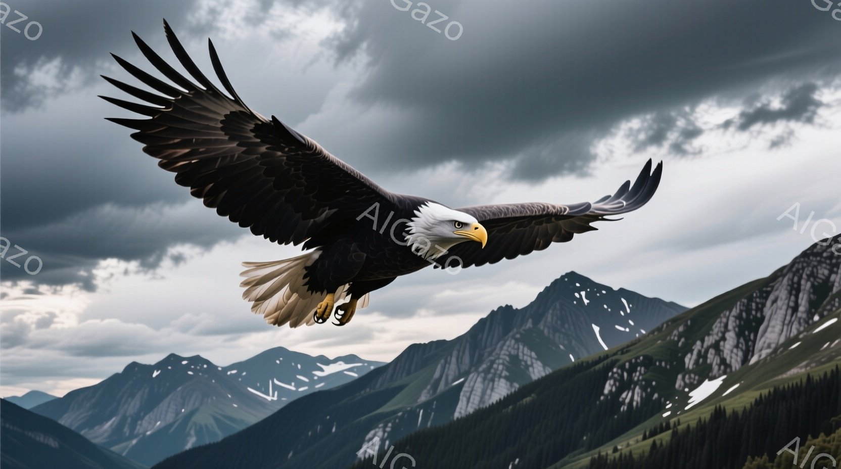 広大な山岳地帯を背景に、翼を大きく広げたハクトウワシが描かれている。翼は漆黒で、先端には鮮やかな白色が混じり、力強い飛翔の姿を強調している。背景には雪を抱いた山々が連なり、暗い空が広がり、ワシの威厳と自然の壮大さを際立たせている。