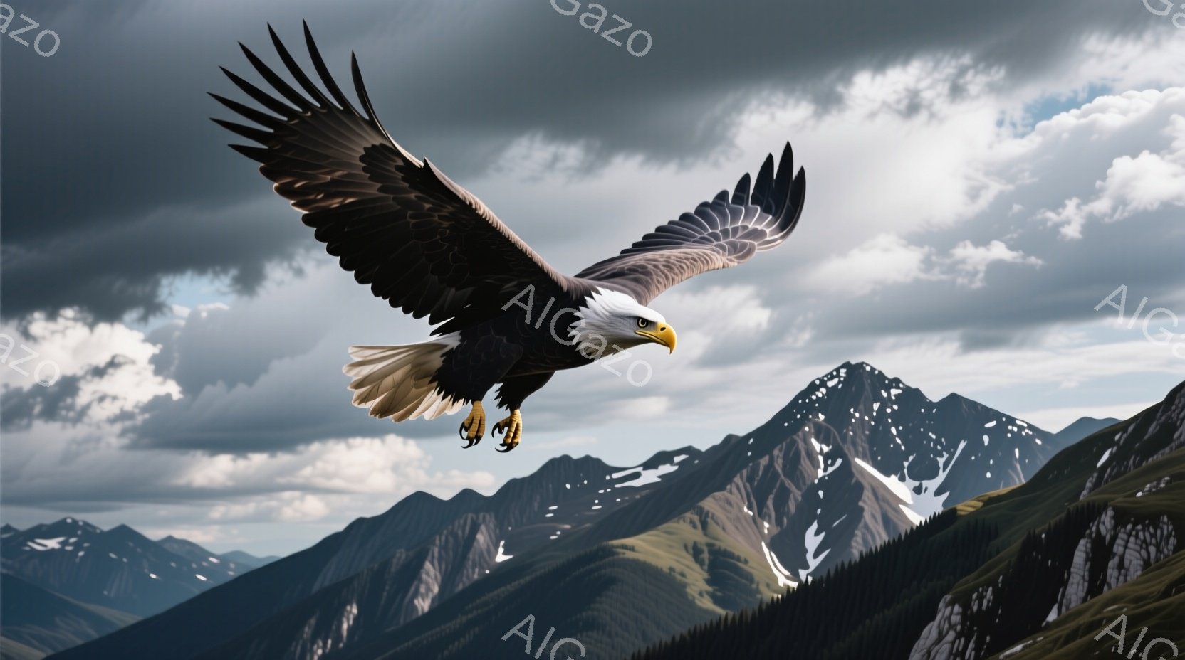 白頭鷲が翼を大きく広げ、山々の間を力強く飛んでいる姿が捉えられています。背景には雪を抱いた山脈が広がり、暗い雲が空を覆っていますが、山肌には光が差し込み、自然の雄大さを感じさせます。鷲の鋭い眼差しと広げた翼は、力強さと自由な精神を象徴しています。