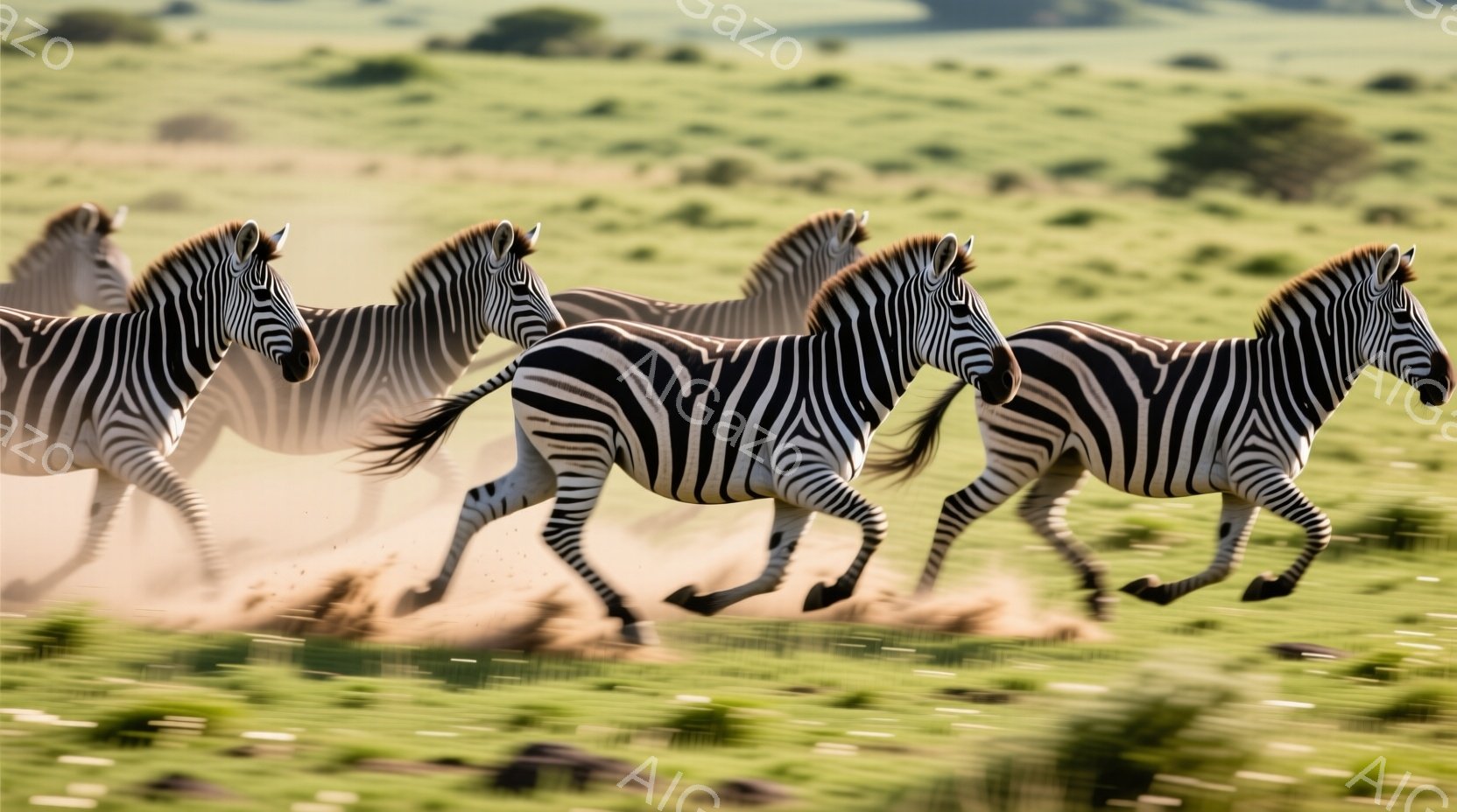 シマウマが草原を疾走している様子が捉えられています。土埃を巻き上げながら、力強く走る姿は躍動感に満ちています。背景には緑豊かな草原が広がり、晴れた日の開放的な雰囲気が感じられます。