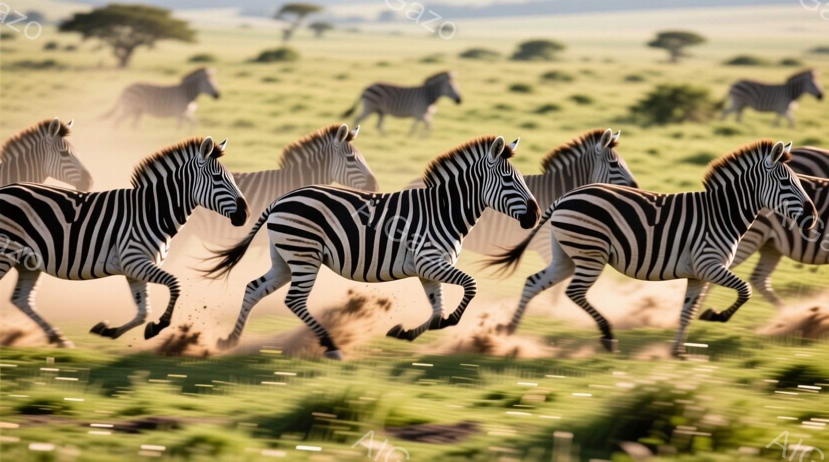 シマウマたちが草原を疾走している様子が捉えられています。太陽光が差し込む緑豊かな草原を、縞模様のシマウマたちが埃を巻き上げながら一斉に走っており、躍動感に満ちた光景です。遠景にはまばらに木々が見え、広 - AI生成フリー素材