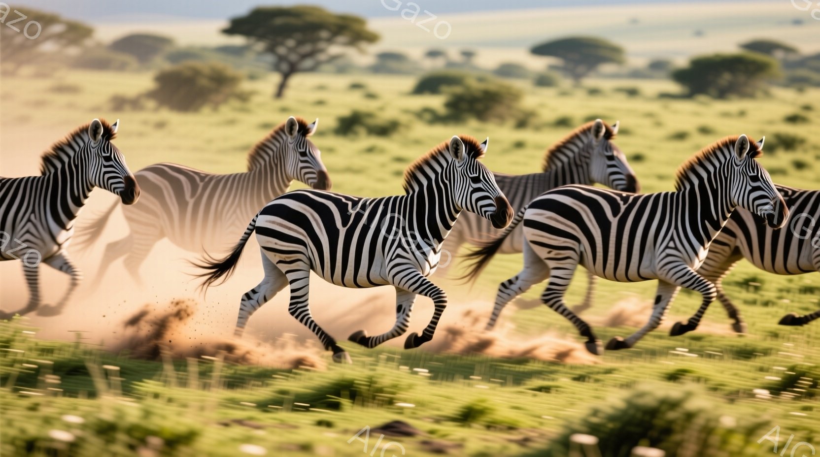 複数のシマウマが緑豊かな草原を疾走している様子が捉えられています。彼らは一斉に走り、埃を巻き上げながら、力強く大地を駆けています。背景にはまばらに木々が点在し、晴れた日の開放的な雰囲気が感じられます。