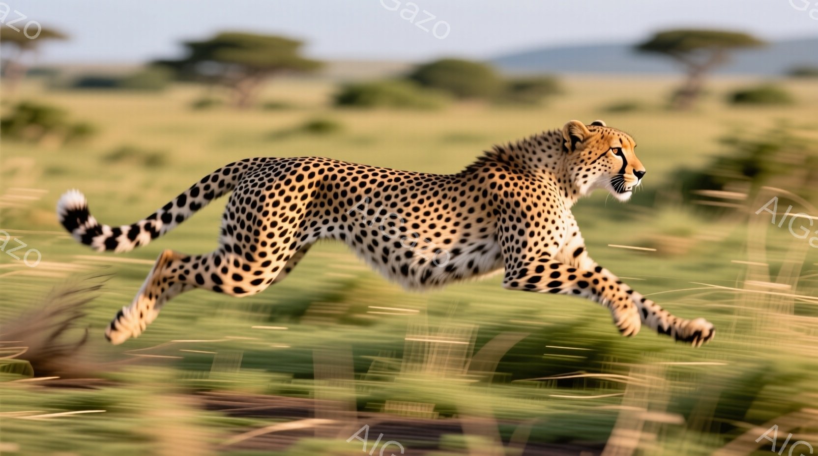 草原を疾走するチーターが写っている。体には特徴的な黒い斑点がびっしりとあり、四肢を大きく広げ、躍動感のある姿勢で走っている。背景は緑豊かな草原で、遠くには木々が見え、晴天の下、活気に満ちた雰囲気が漂う。