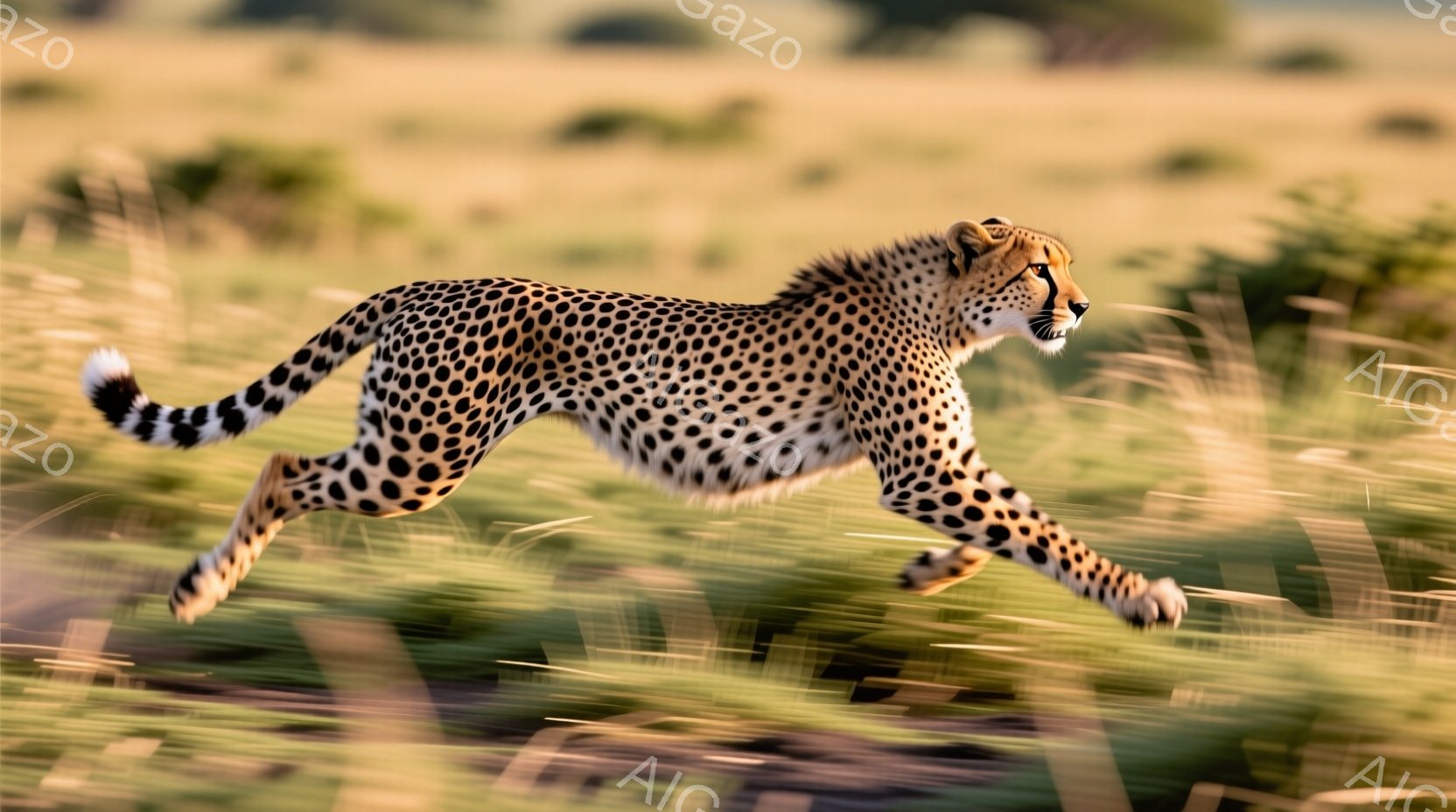 広大な草原をチーターが疾走している様子が捉えられています。体には特徴的な黒い斑点がびっしりとあり、筋肉質な四肢が力強く地面を蹴り上げています。背景には黄金色の草が生い茂り、太陽の光が差し込み、躍動感と自然の美しさを際立たせています。