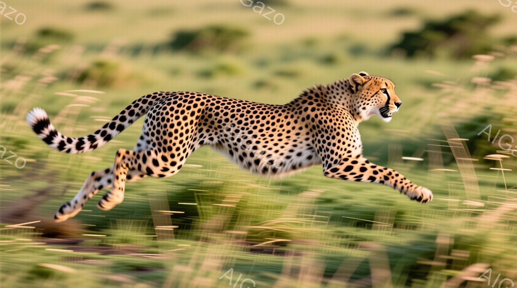 鮮やかな緑の草原を、スポット模様のチーターが躍動的に走っている姿が捉えられています。チーターは四肢を大きく広げ、力強く大地を蹴り上げ、疾走しています。背景には、ぼやけた緑色の草が生い茂り、チーターのスピード感を強調しています。