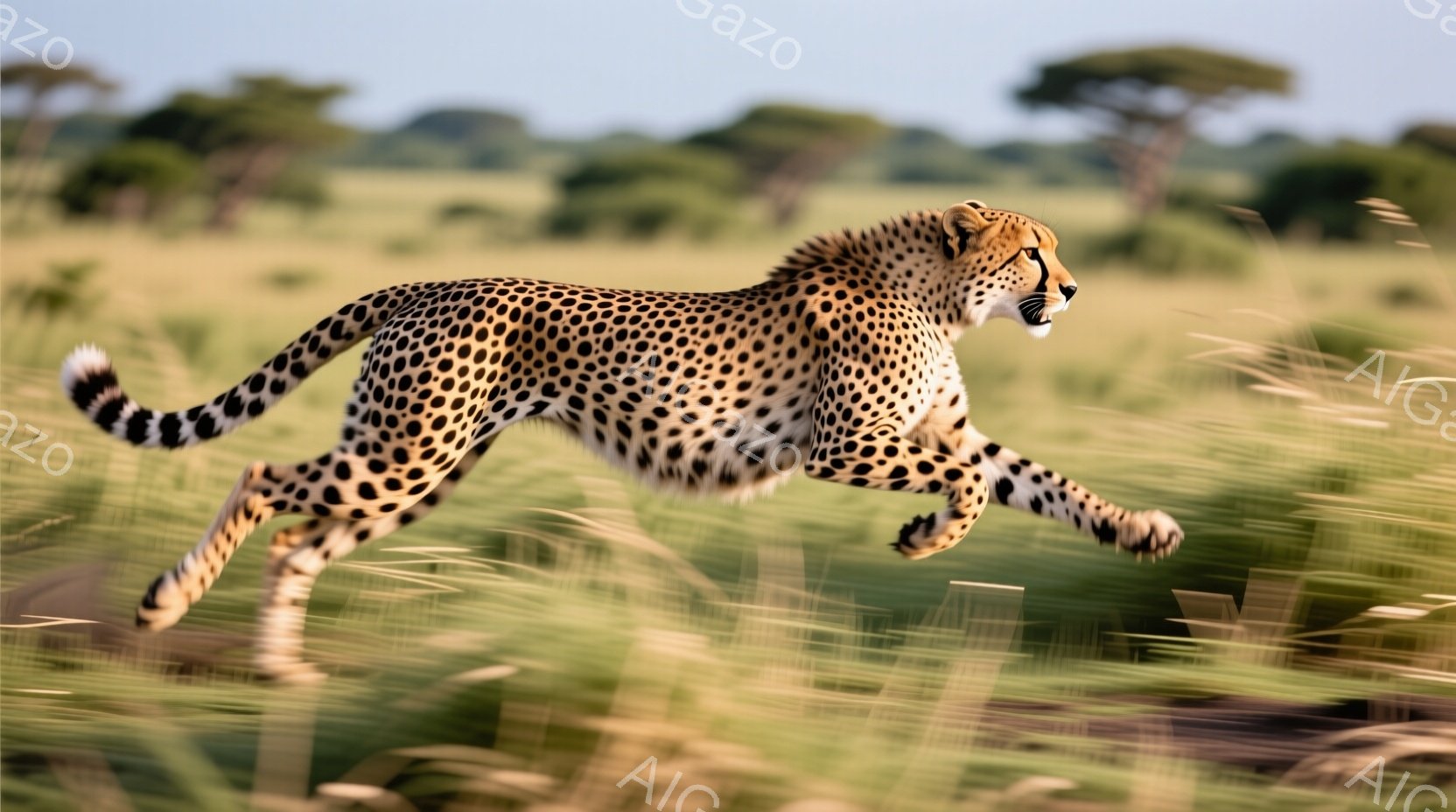広大な草原をチーターが疾走している姿が捉えられています。その体には特徴的な黒い斑点が並び、筋肉質な四肢が大きく伸びています。背景には、乾燥した草原と遠くに見える木々が広がり、暖かい日差しが全体を照らしています。