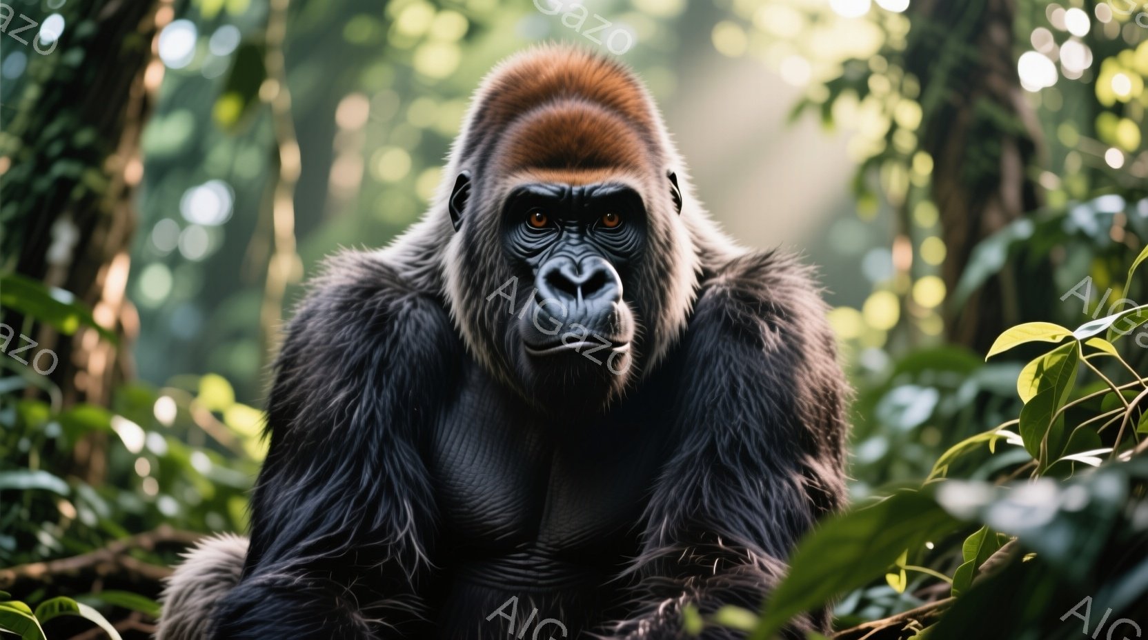 鮮やかな緑の葉に囲まれた、堂々としたゴリラが正面を見据えています。その顔は険しく、強い意志を感じさせますが、目はどこか憂いを帯びています。背景は深い緑のジャングルで、光が差し込み、神秘的な雰囲気を醸し - AI生成フリー素材