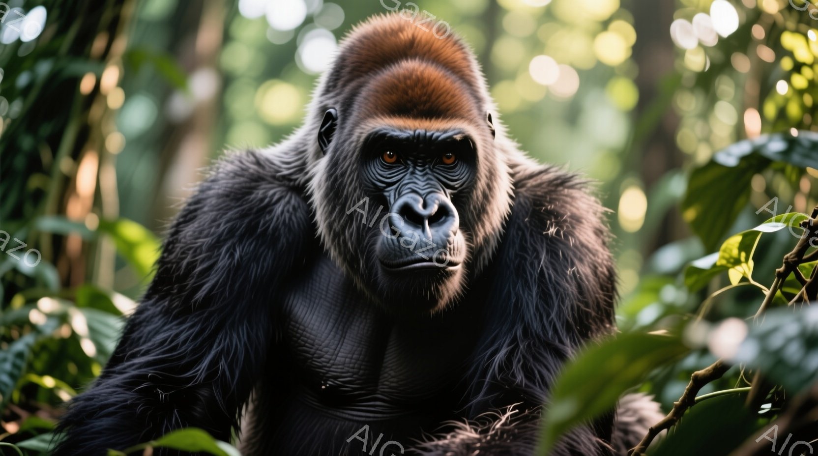 黒い毛並みのゴリラが、緑豊かな植物に囲まれて正面を見据えている。その表情は厳かで、力強い眼差しが印象的である。背景は深い緑色で、熱帯雨林の自然が感じられ、ゴリラの存在感が際立っている。