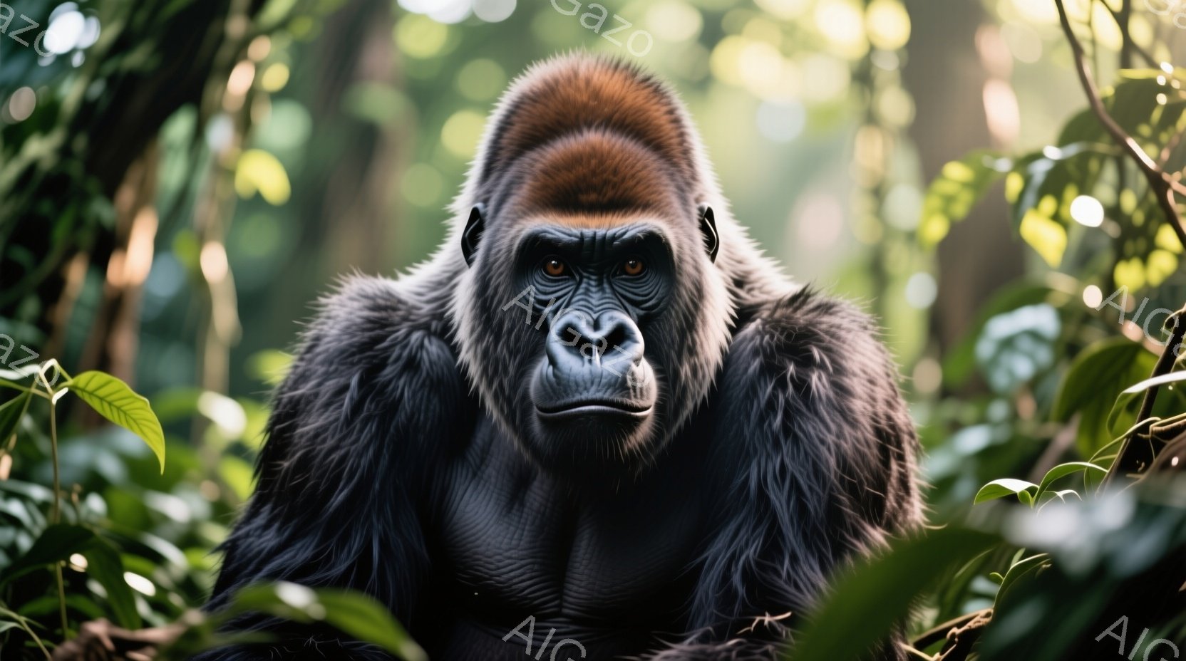 ゴリラが画面の中央で正面を向いており、強い眼差しでこちらを見つめている。その体格は筋肉質で力強く、暗い毛並みが特徴的だ。背景には緑豊かな植物が生い茂り、自然な環境の中で生きるゴリラの存在感を際立たせている。