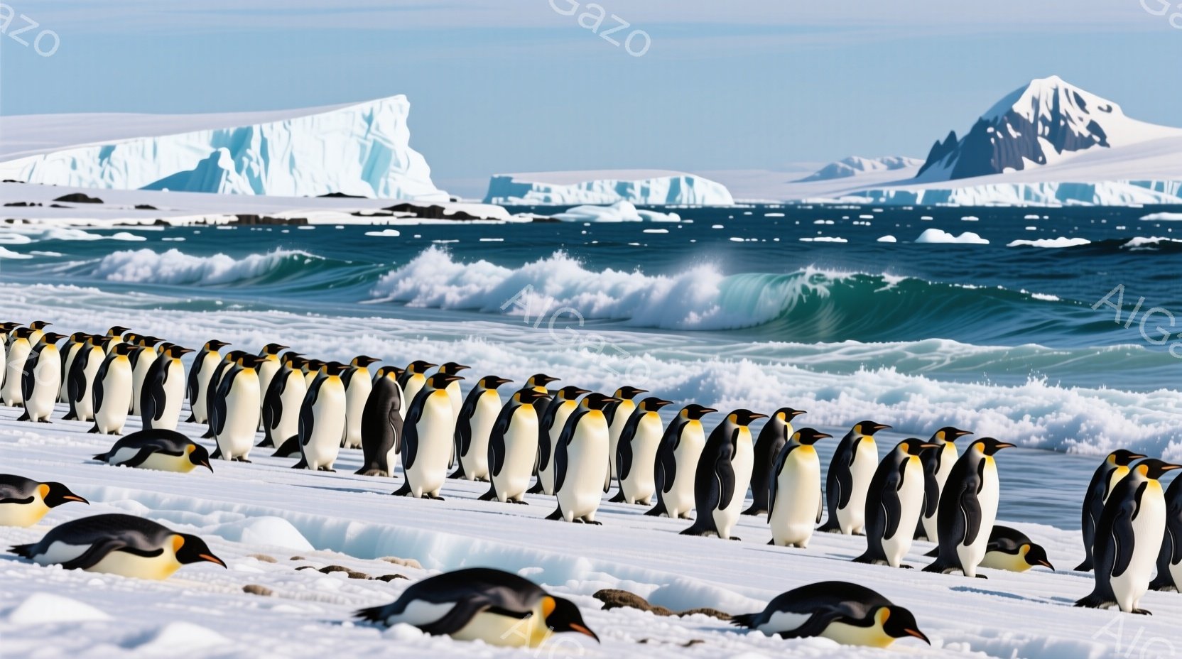 多数のペンギンが雪原に一列に並んで立っている様子が写っている。背景には青い海と氷山がそびえ立ち、白い雪と青い海のコントラストが印象的だ。全体的に静かで冷たい、南極の自然を感じさせる雰囲気である。 - AI生成フリー素材