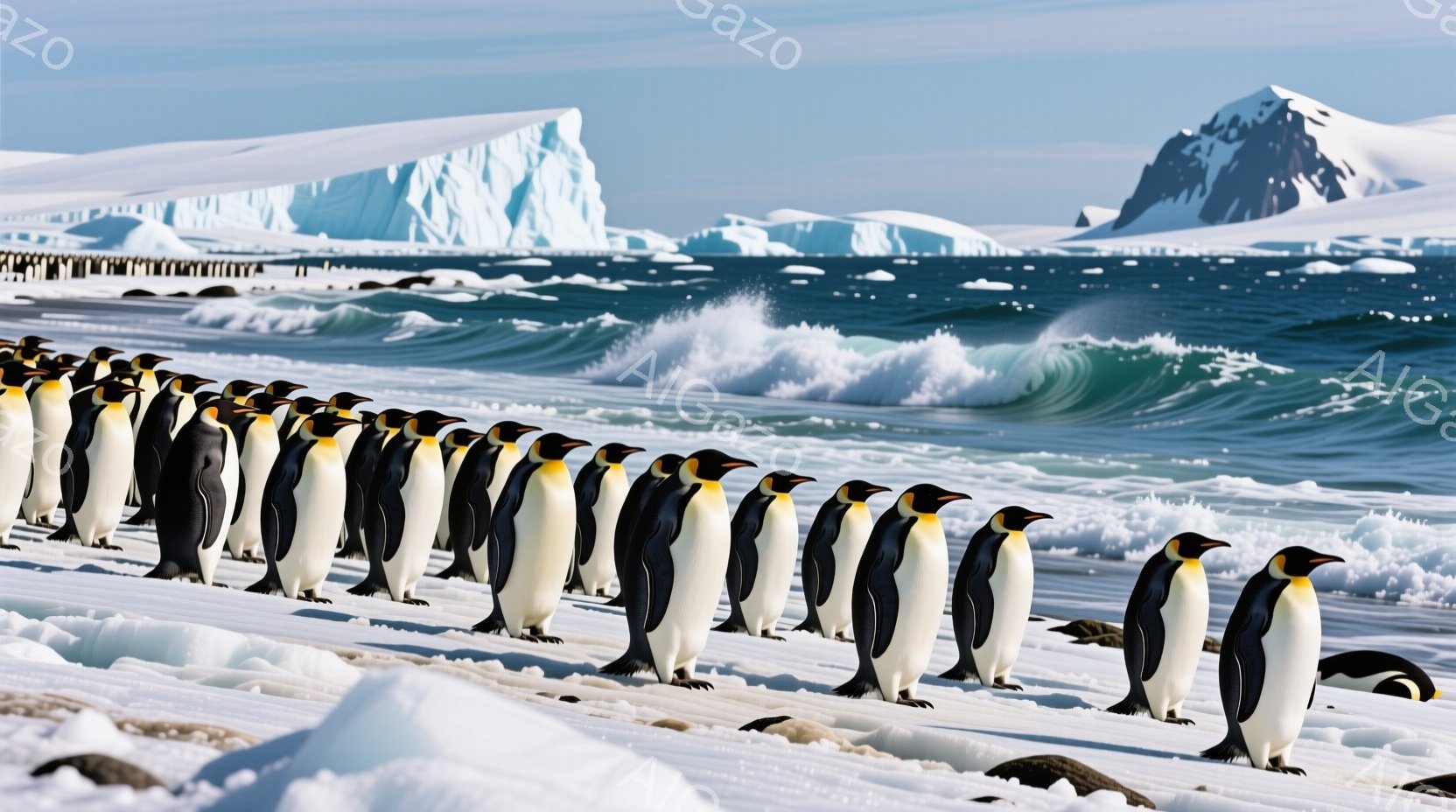 雪と氷に覆われた海岸線に整然と並んだ多くのペンギンが写っています。背景には青い海、白い波、そして巨大な氷山や雪山が広がっており、南極の厳しい自然環境を示唆しています。ペンギンたちは皆同じ方向に視線を向 - AI生成フリー素材