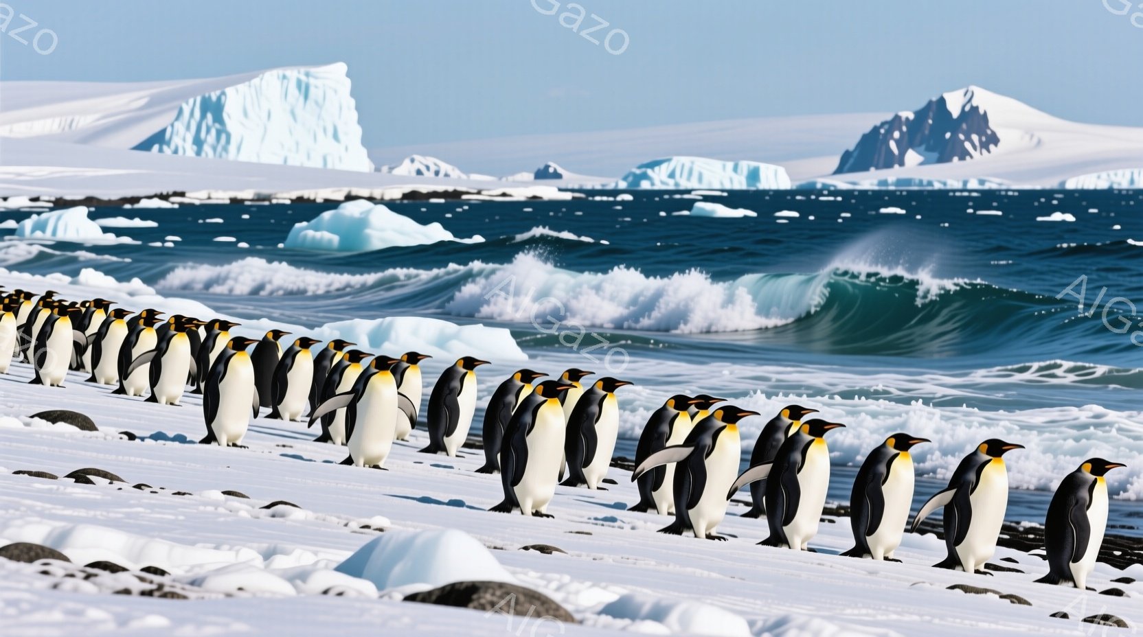 雪と氷に覆われた海岸に整列した多数のキングペンギンが写っている。ペンギンたちは一列に並び、海に向かって歩いているかのように見える。背景には、青い海と氷山が広がり、南極の厳しい自然環境を強調している。