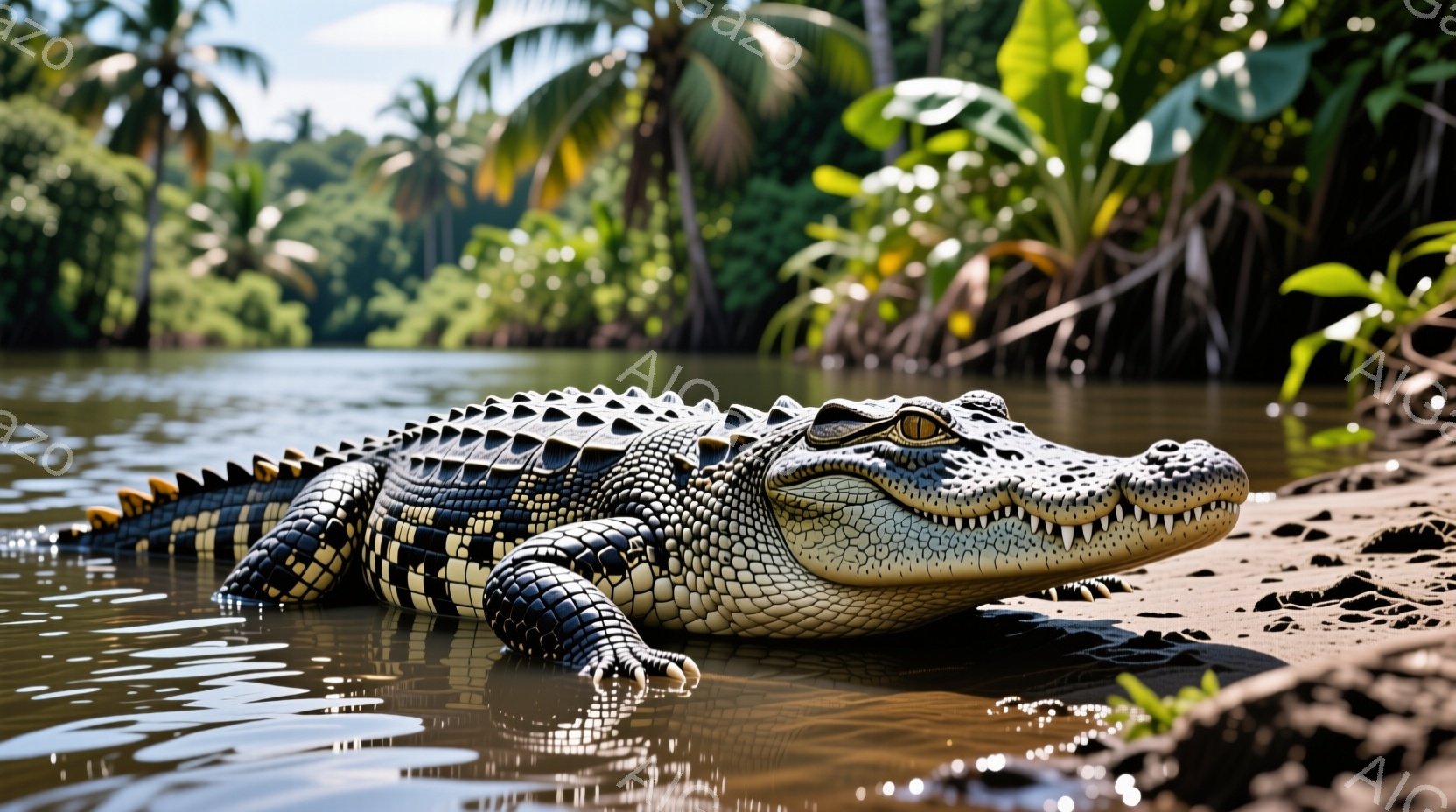 茶褐色の水辺に、大きなワニが横たわっています。その体は、濃い黒と薄い黄色の模様が特徴的で、鋭い歯がむき出しになっています。背景には緑豊かな熱帯植物が茂り、水面は穏やかで、ワニの静かな存在感を際立たせています。
