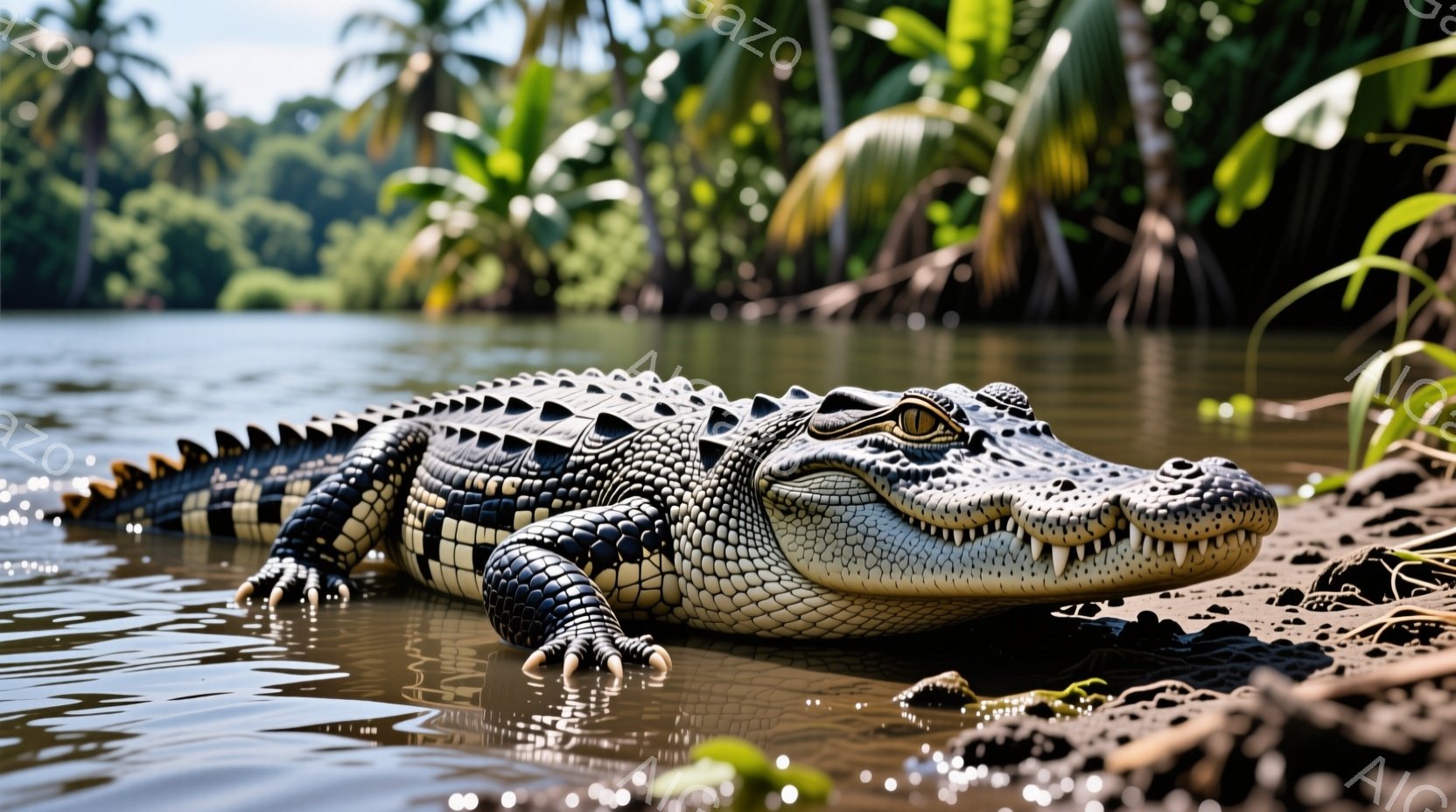 泥の中に横たわる大きなワニが写っている。ワニは鋭い歯を見せ、暗い目に強い意志を感じさせる。背景には緑豊かな植物が生い茂り、水面は穏やかで、熱帯の静かな自然の雰囲気を感じさせる。