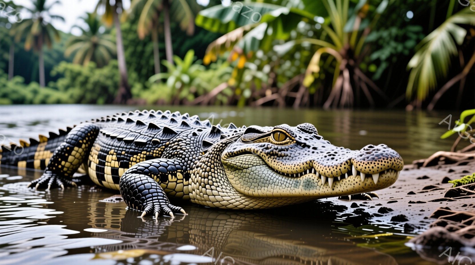 泥の岸辺に横たわる大きなワニが写っています。ワニは暗緑色と黄色の縞模様があり、鋭い歯が覗いています。背景には緑豊かな熱帯植物が生い茂り、水面にはワニの影が映り込み、静かで自然な雰囲気が漂っています。