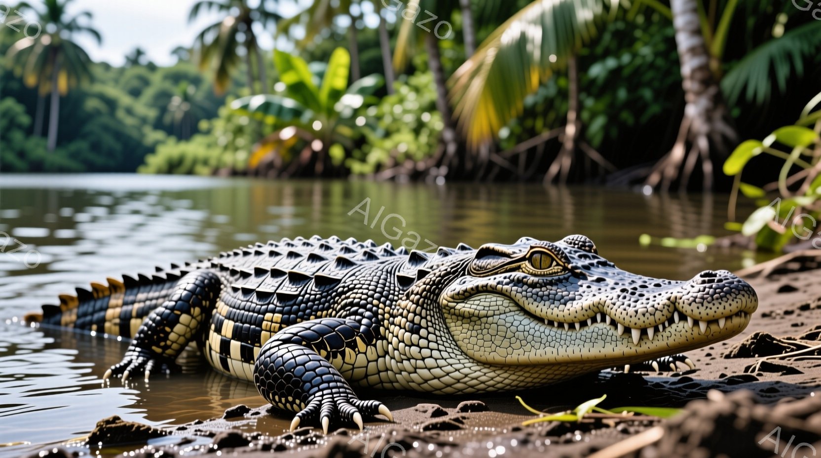 ワニが泥と水辺に横たわっており、鋭い歯と力強い爪が特徴的です。背景には緑豊かな植物が生い茂る熱帯の風景が広がり、水面は穏やかで、日差しが差し込んでいます。 全体的に、力強く自然な雰囲気を感じさせる画像です。