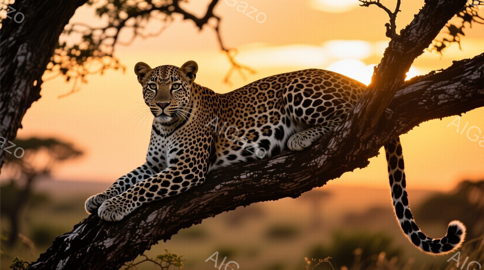 ヒョウが太い木の枝に横たわっており、リラックスした様子で遠くを見つめている。背景は夕焼けに染まったサバンナの風景で、オレンジと黄色の暖かい光がヒョウの毛並みを照らし出している。全体的に穏やかで力強い雰 - AI生成フリー素材