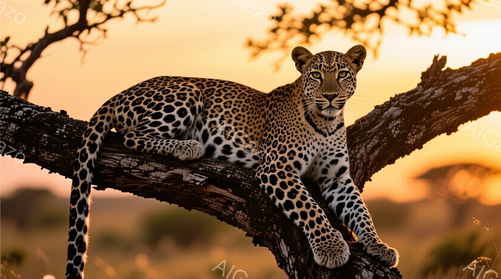 鮮やかな夕焼けを背景に、ヒョウが太い木の枝に優雅に横たわっている。その毛並みは黒い斑点模様で覆われ、鋭い眼差しはカメラを見つめている。遠くには、サバンナの風景が広がり、暖かく穏やかな雰囲気を醸し出している。