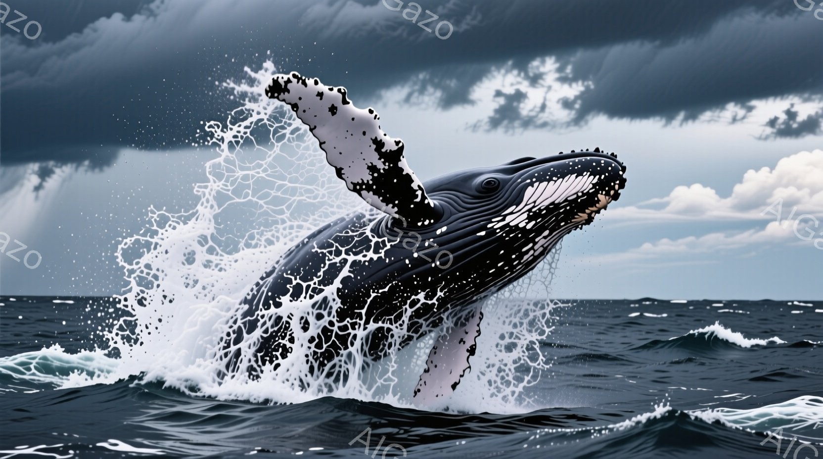 広大な海で、巨大なザトウクジラが水面から大きく飛び出している様子が捉えられています。黒と白のコントラストが美しい体は、水しぶきとともに力強く躍動し、その姿は壮大で圧倒的です。背景には暗い雲が広がり、荒々しい海の雰囲気とクジラのダイナミックな動きが組み合わさり、力強い生命力を感じさせます。