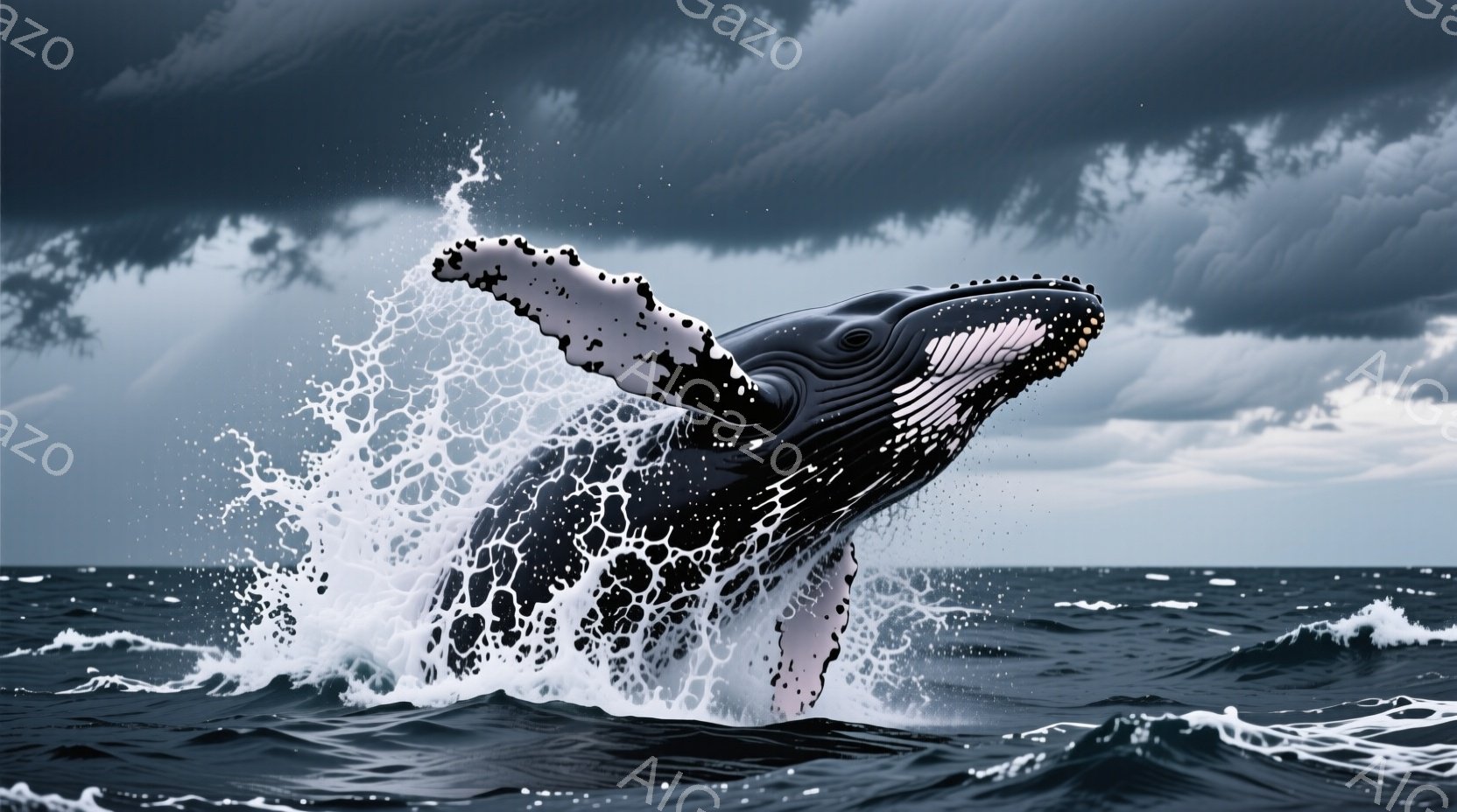 巨大なコククジラが海面から力強く跳躍している様子が捉えられています。白い水しぶきが飛び散り、そのダイナミックな動きを強調しています。背景は暗い雲に覆われ、荒々しい海の雰囲気と合わせて、力強い生命力を感 - AI生成フリー素材
