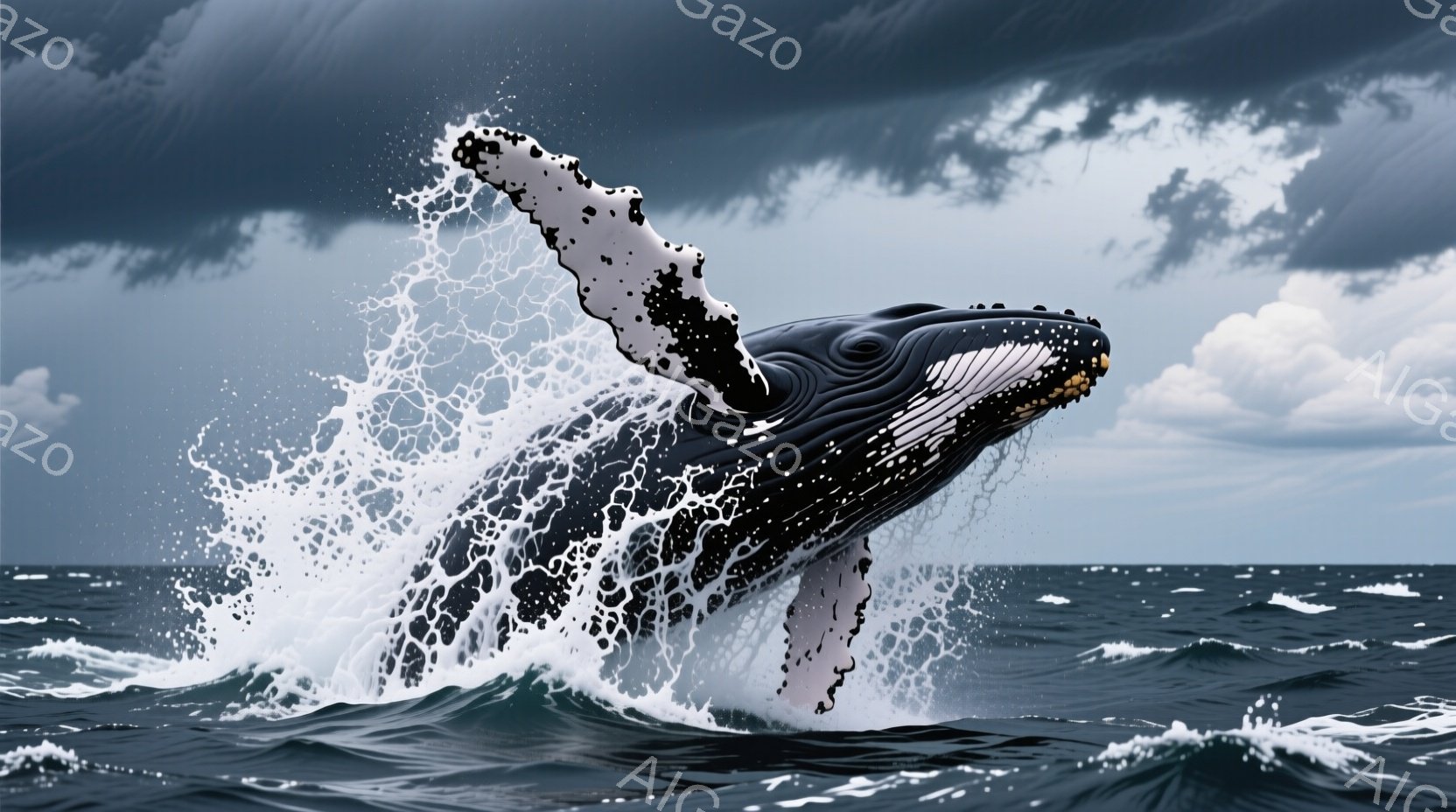 巨大なコククジラが海面から力強く飛び出しており、白いお腹と黒い背中のコントラストが印象的だ。周囲には水しぶきが飛び散り、荒々しい海の波と暗い雲が、ドラマチックでダイナミックな雰囲気を醸し出している。こ - AI生成フリー素材