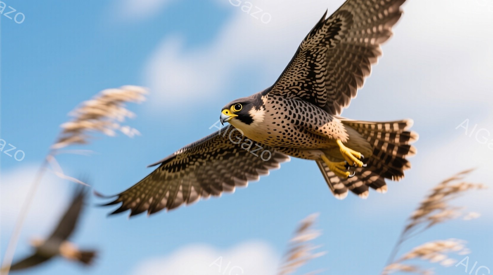 鮮やかな青空を背景に、一羽のハヤブサが翼を広げて飛翔している。その羽毛は濃い灰色と白の美しい模様で覆われ、鋭い爪と黄色い足が印象的だ。周囲には、風に揺れる麦の穂が写り込み、鳥の動きと対照的な静けさを添えている。