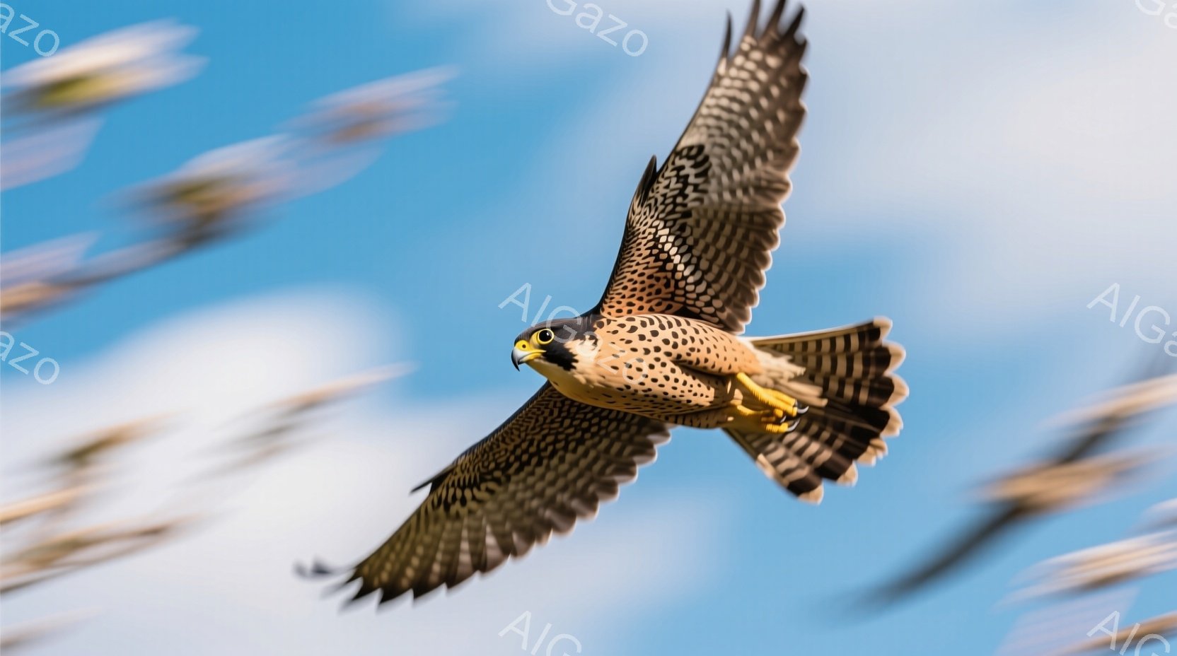 鮮やかな青空を背景に、一羽のハヤブサが翼を広げて飛翔している姿が捉えられています。ハヤブサは茶色と白の美しい模様を持ち、鋭い眼光で前方を捉えています。背景にはぼやけた雲が広がり、ハヤブサのダイナミック - AI生成フリー素材