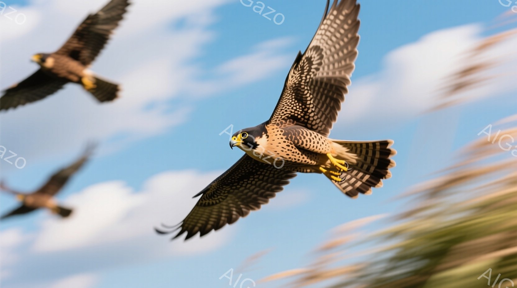 空を舞うハヤブサが写っている。翼を大きく広げ、鋭い眼光で前方を捉えている姿は、力強く、躍動感に満ちている。背景には青空とぼやけた緑があり、風の流れを感じさせるダイナミックな瞬間を捉えている。 - AI生成フリー素材