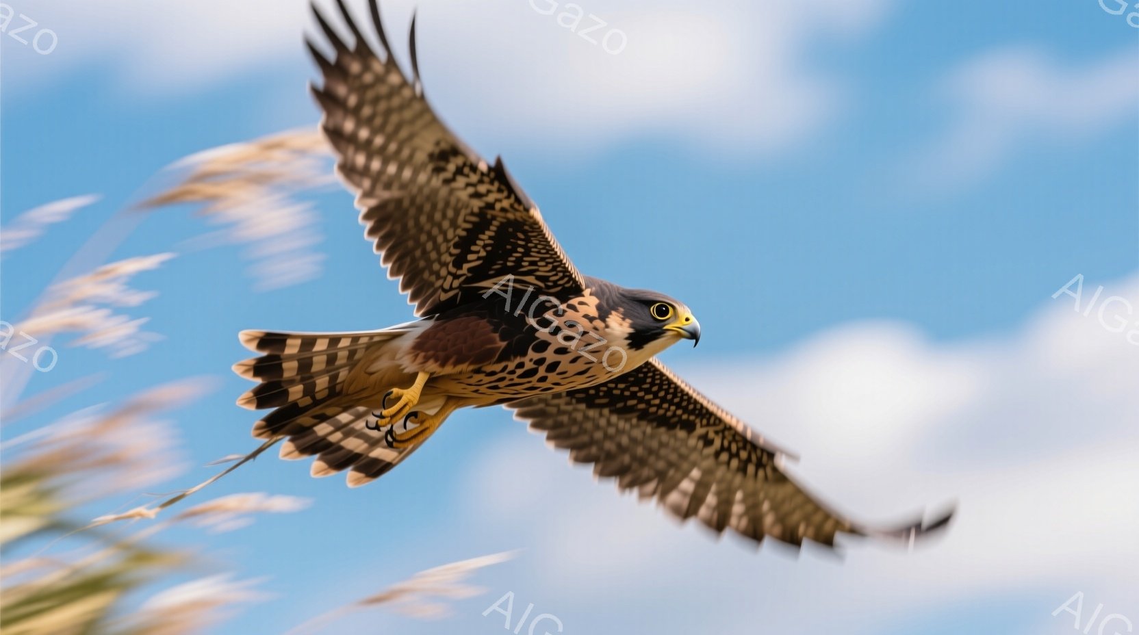 鮮やかな青空を背景に、猛禽類のハヤブサが翼を広げて飛翔している。羽は茶色と白の模様が特徴的で、鋭い爪と嘴が確認できる。背景には、風に揺れる草の穂がわずかに見え、空の青さと鳥の力強さが印象的な一枚である。