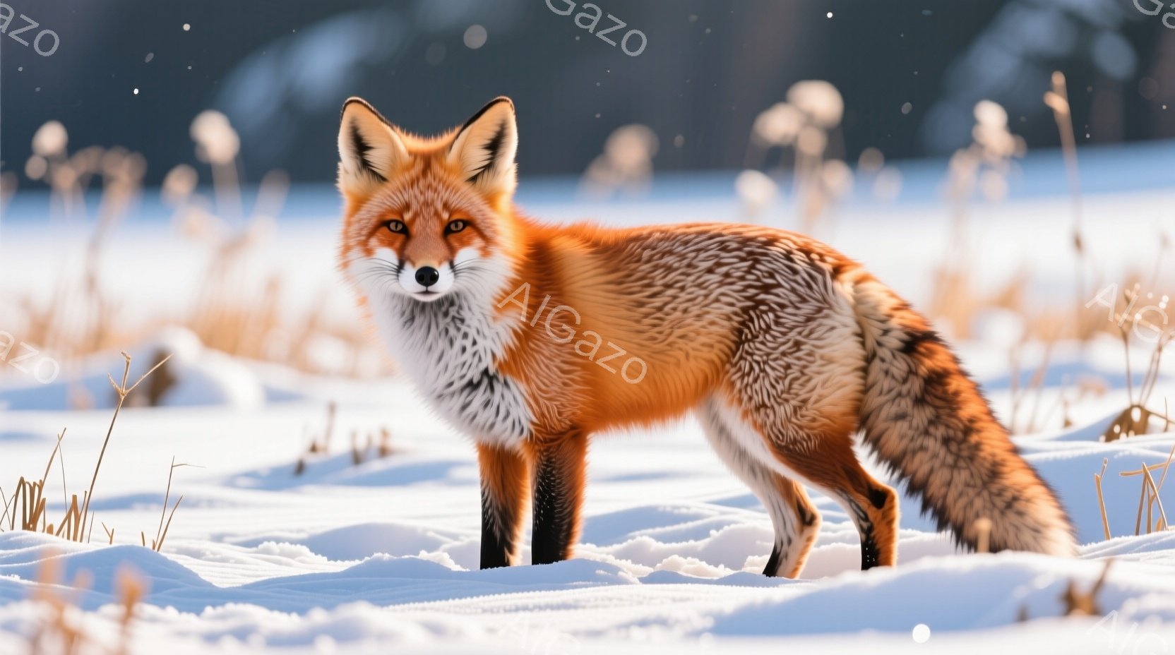 人物が見られません。野生のキツネコが雪の中を徒歩する姿を記録したもので、白銀色の雪が地表を覆い、周囲には草や低木が存在しています。キツネコは前足を引っ張りながら進んでおり、目は直に向かっているという表情の中で姿勢を示しています。背景は自然的で、雪が散らばった景色が楽しめるような印象を与えます。